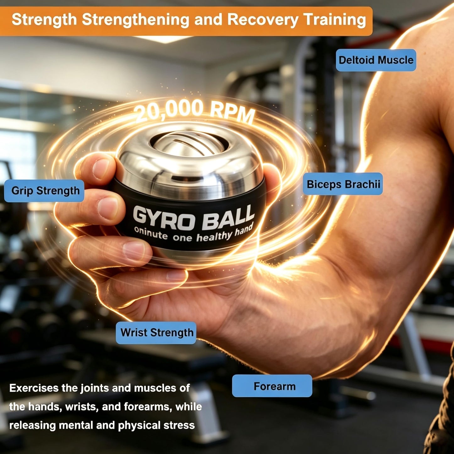 EXBEPE All-Metal Power Gyro Ball,Weighted Auto-Start Hand Wrist Forearm Trainer and Strengthener for Exercise Joint and Muscle with Ball Bag