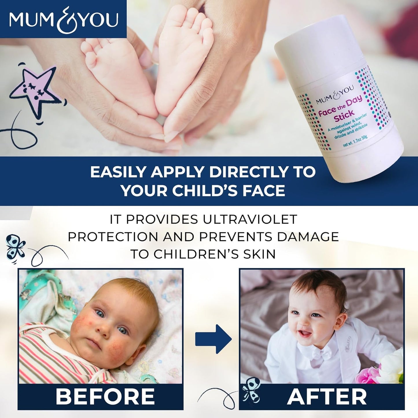 Mum & You Baby Face The Day Stick with Sunflower & Coconut Oils, Beeswax & Shea Butter for Natural Skincare. Protect