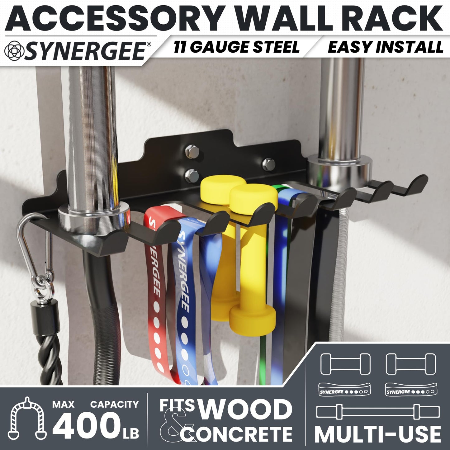 Synergee Wall Mounted Barbell Holder & Gym Accessory Rack Heavy Duty Steel 7 Bracket