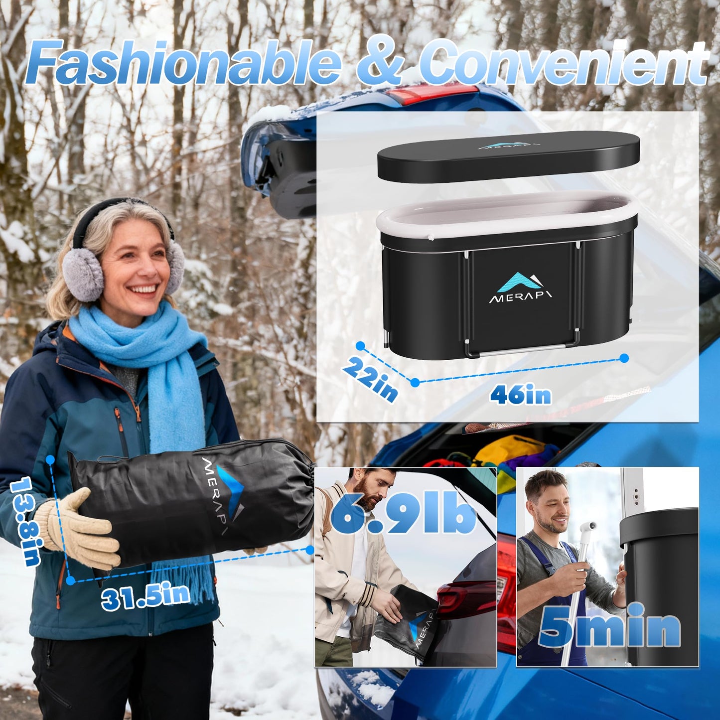 Merapi XL Ice Bath Tub for Adults, 131 Gal Cold Plunge Tub, 46” Large Oval Portable Ice Bath Tub, Foldable Cold Plunge for Home, Backyard & Outdoor Use with Drain & Neck Support