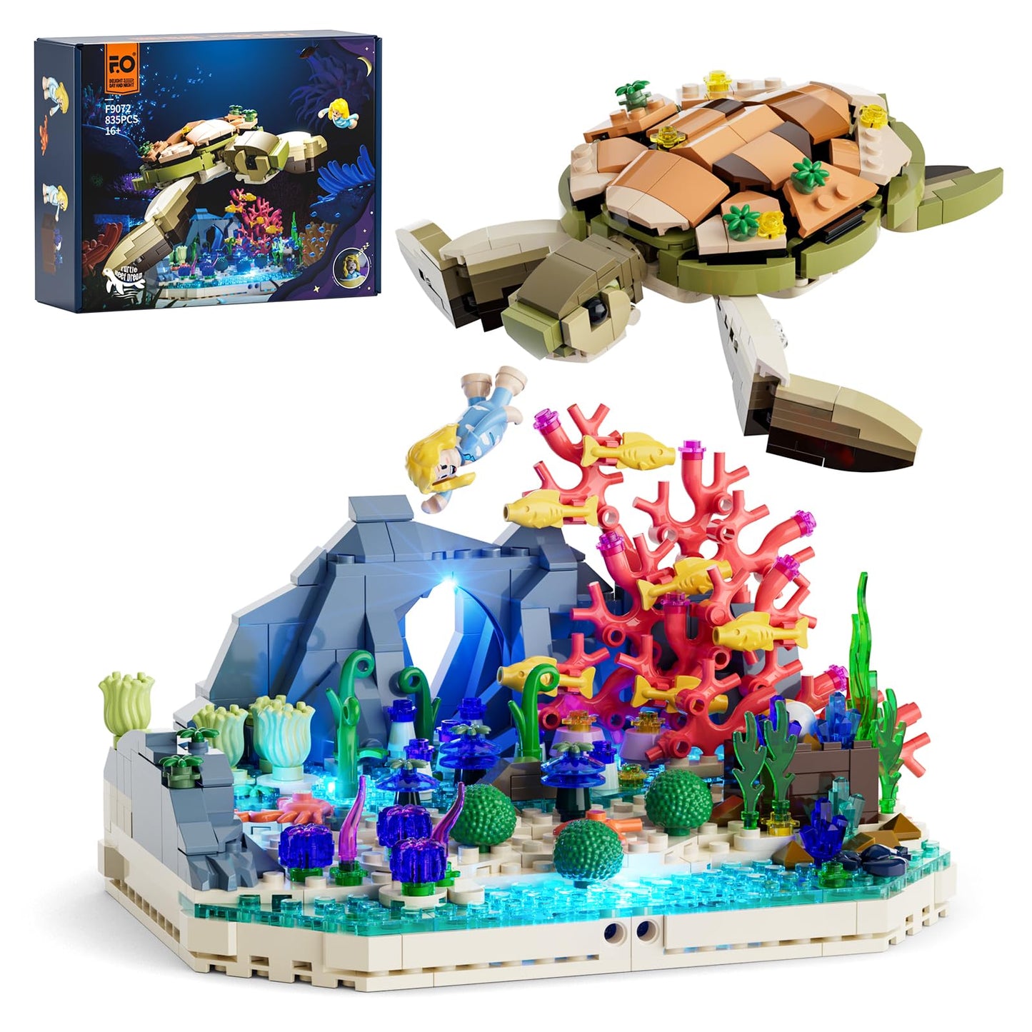 FUNWHOLE Turtle Reef Dream Lighting Building-Bricks Set - 835 Pcs Ocean Plants Collection Ideas Set for Adult and Teens