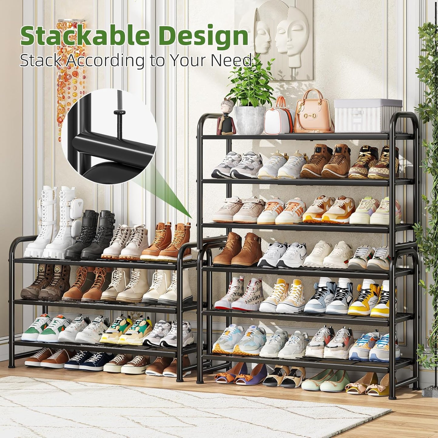 Simple Trending 3-Tier Expandable Shoe Rack - Stackable Metal Organizer for Closet & Entryway, Black
