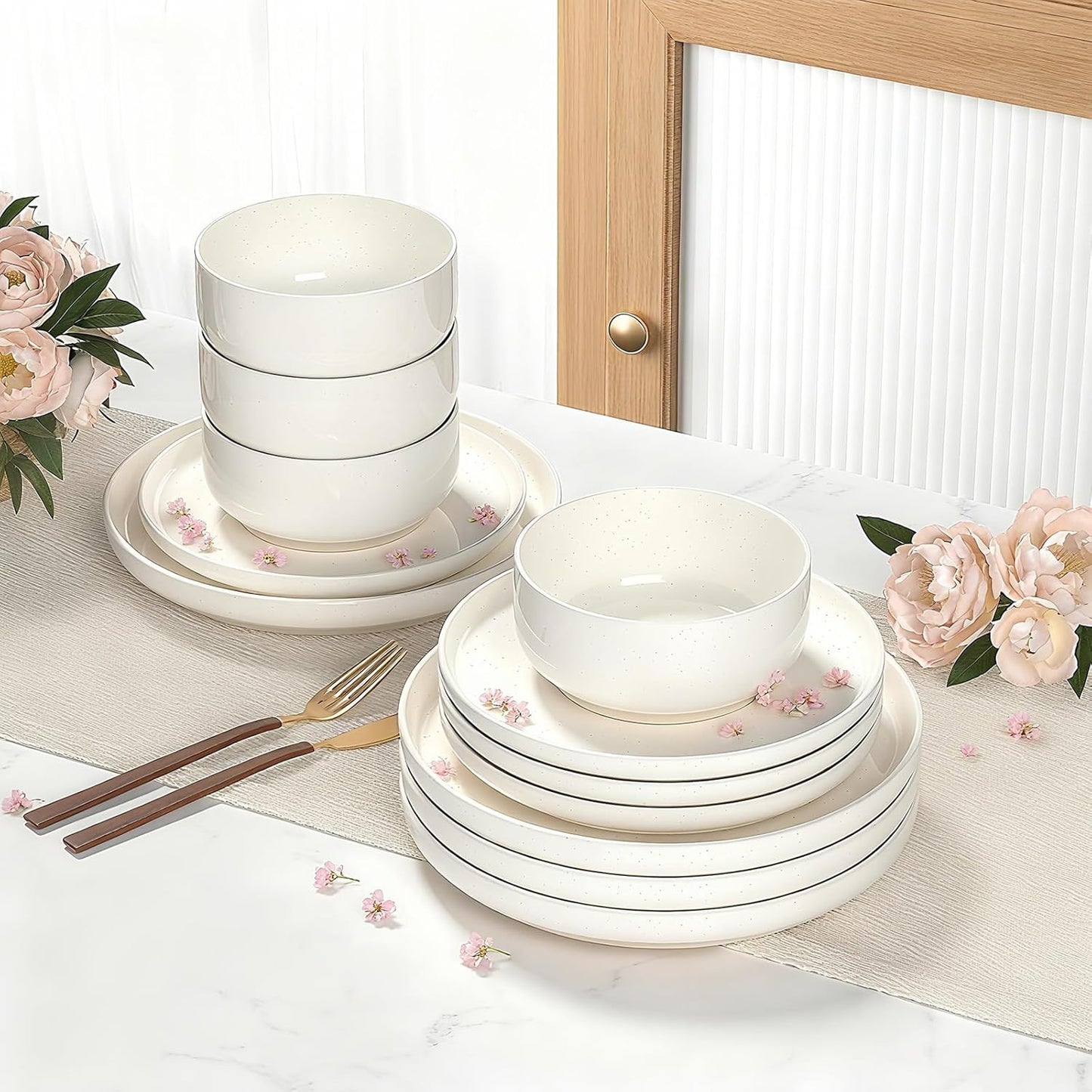 Skiennix Dinnerware Set - 12-Piece Ceramic Plates & Bowls Set for 4 | Scratch Resistant, Microwave & Dishwasher Safe, Cream White