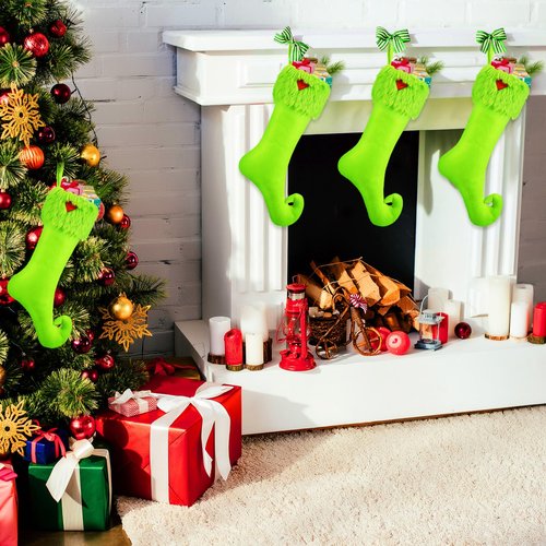 Coume 4 Pcs 19 Inch Lime Green Christmas Stockings Green Faux Fur Xmas Elf Stockings Hanging Christmas Treat Bag Candy Pouch Holder Fireplace Hanging Decor for Xmas Holiday Family Party