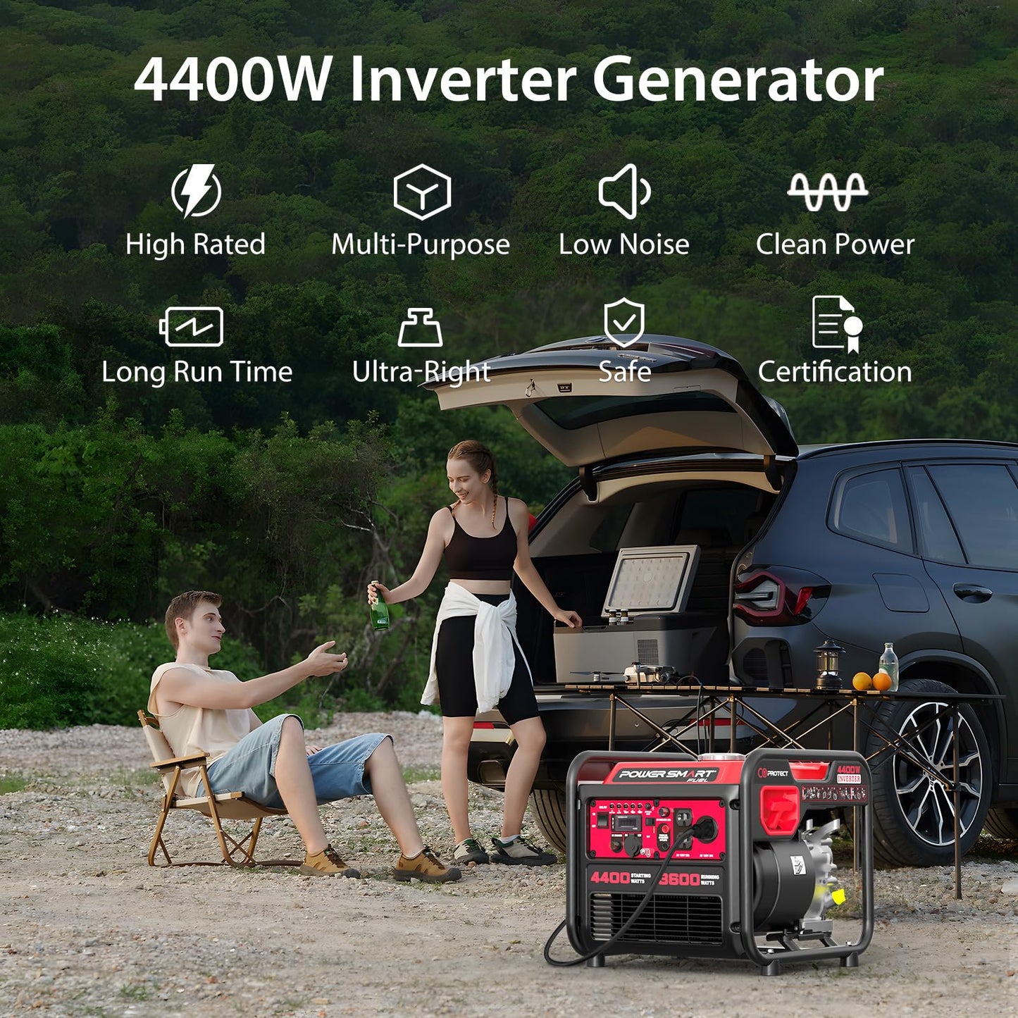 PowerSmart 4400W Open Frame Inverter Generator, Gas Powered, CO-Sensor, Lightweight & Quiet for Home Use and Emergency Backup, Camping, EPA Compliant