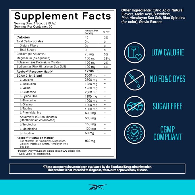 Reebok REECover Amino Acids + Electrolytes | 8g EAAs, 5g BCAAs, Hydration Matrix | Muscle Recovery, Strength | Post-Workout Support | 30 Servings | Rocket Moon Pop