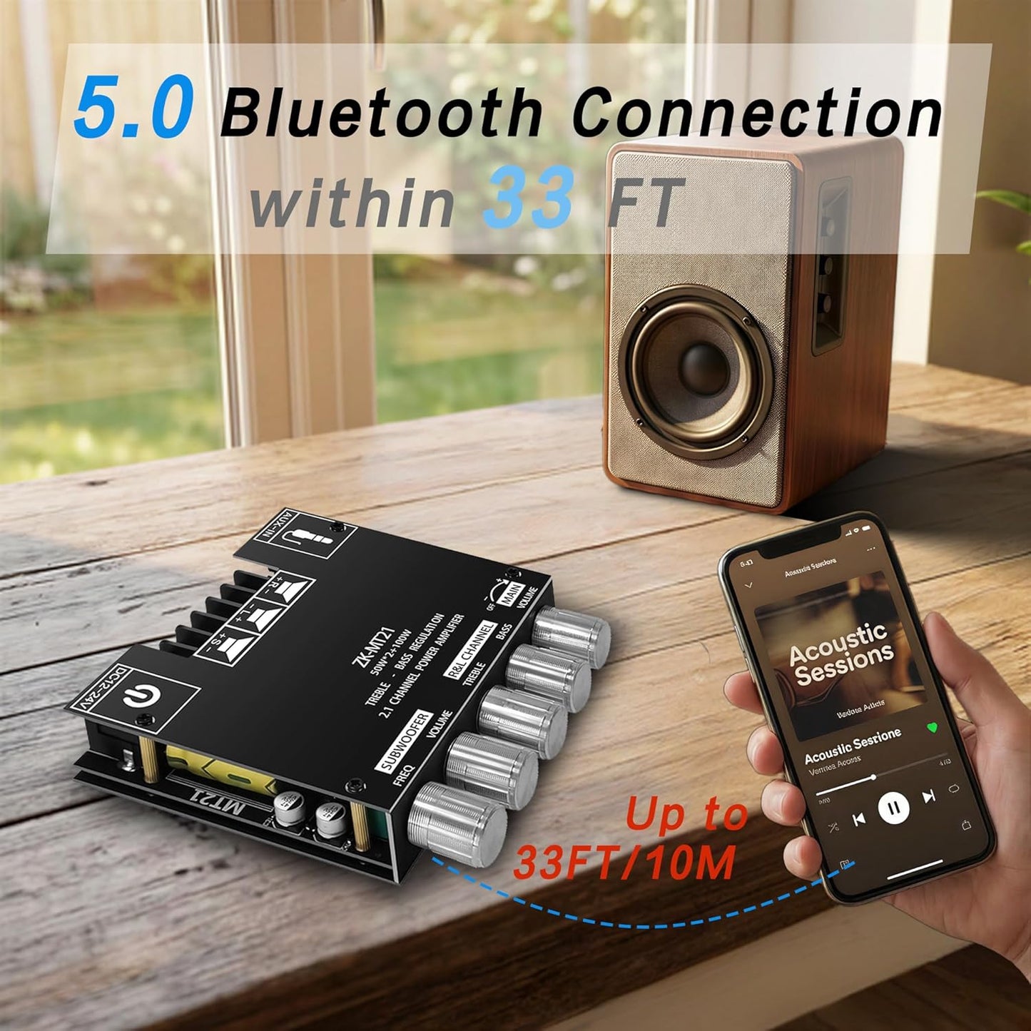 ZK-MT21 2.1 12V-24V Channel Bluetooth Amplifier Board Mini Audio Receiver with Subwoofer Output, Bass Treble Control