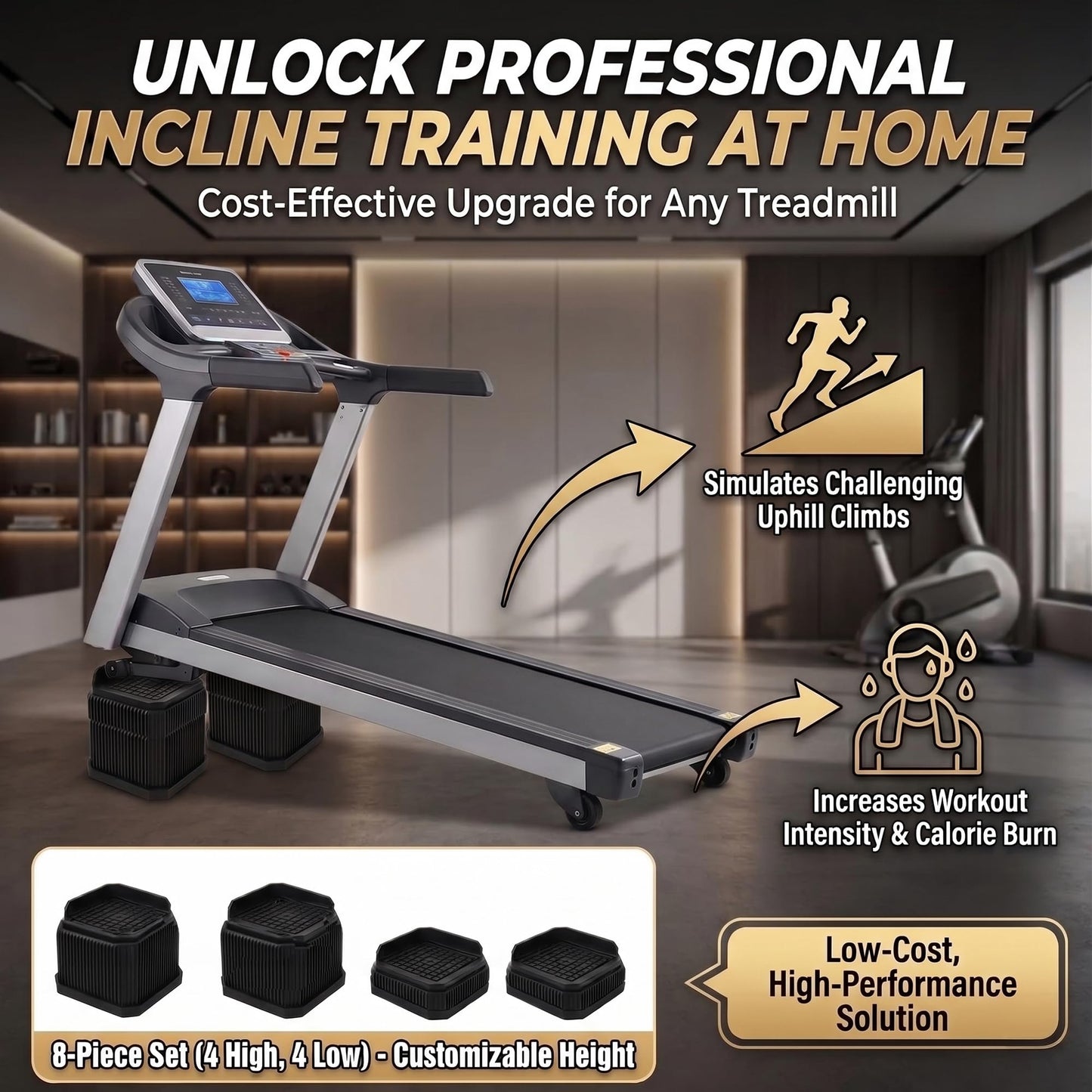 Customizable Treadmill Incline Riser Blocks: 4 Pack Adjustable 1/2/3 Inch Height Lift for Custom Uphill Training, Anti-Slip Heavy Duty Plastic 4000 LBS Stackable Walking Pad Levelers for Home Gym