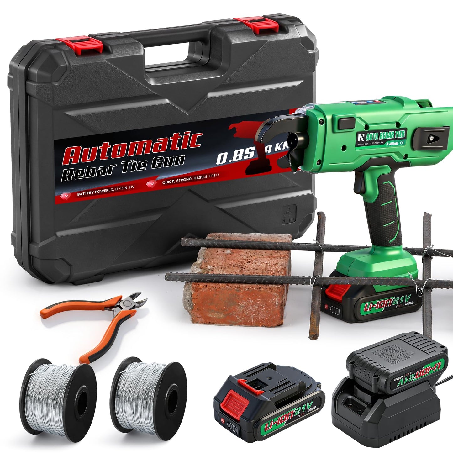 NEWTRY Cordless Rebar Tying Gun with 2x2000mAh Batteries, Automatic Rebar Tier Tool for 0.3" to 1.33" (7-34mm) Steel Rebar, Portable Electric Rebar Tie Tool