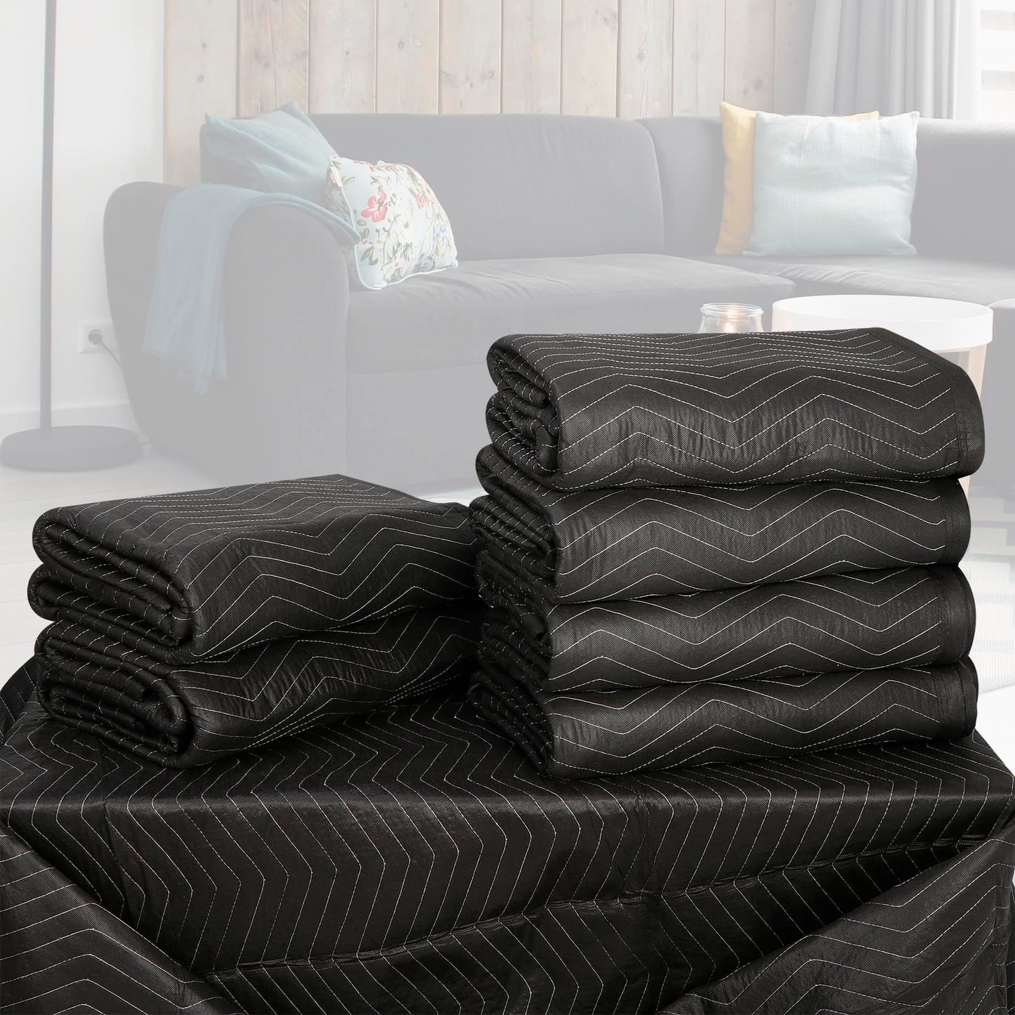 12 Moving Packing Blankets 80 x 72 Inches (65 lb/Dozen) Heavy Duty Moving Pads for Protecting Furniture Pro Quilted Shipping Furniture Pads (Black 12PCS)
