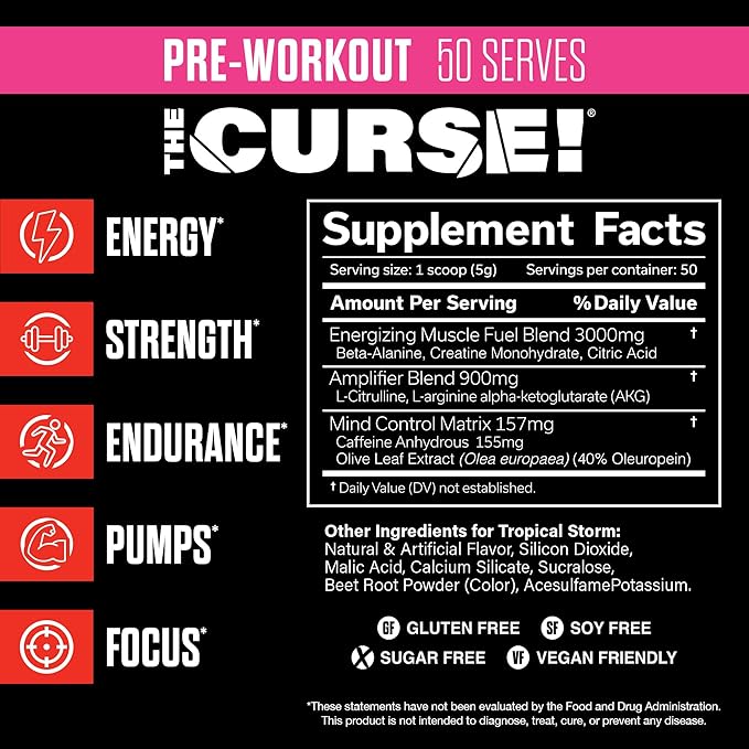 JNX SPORTS The Curse! Pre Workout Powder for Men & Women, Caffeine, Beta-Alanine, Creatine, L-Citrulline, 50 Servings, Tropical Storm Flavor ??Boost Energy, Strength & Focus