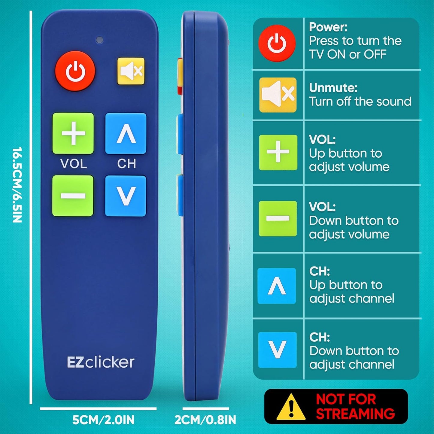 EZClicker (2xAAA TV Remote for Seniors, Extra Simple Big Button Remote (Blue) Works with Major TV Brands, NOT