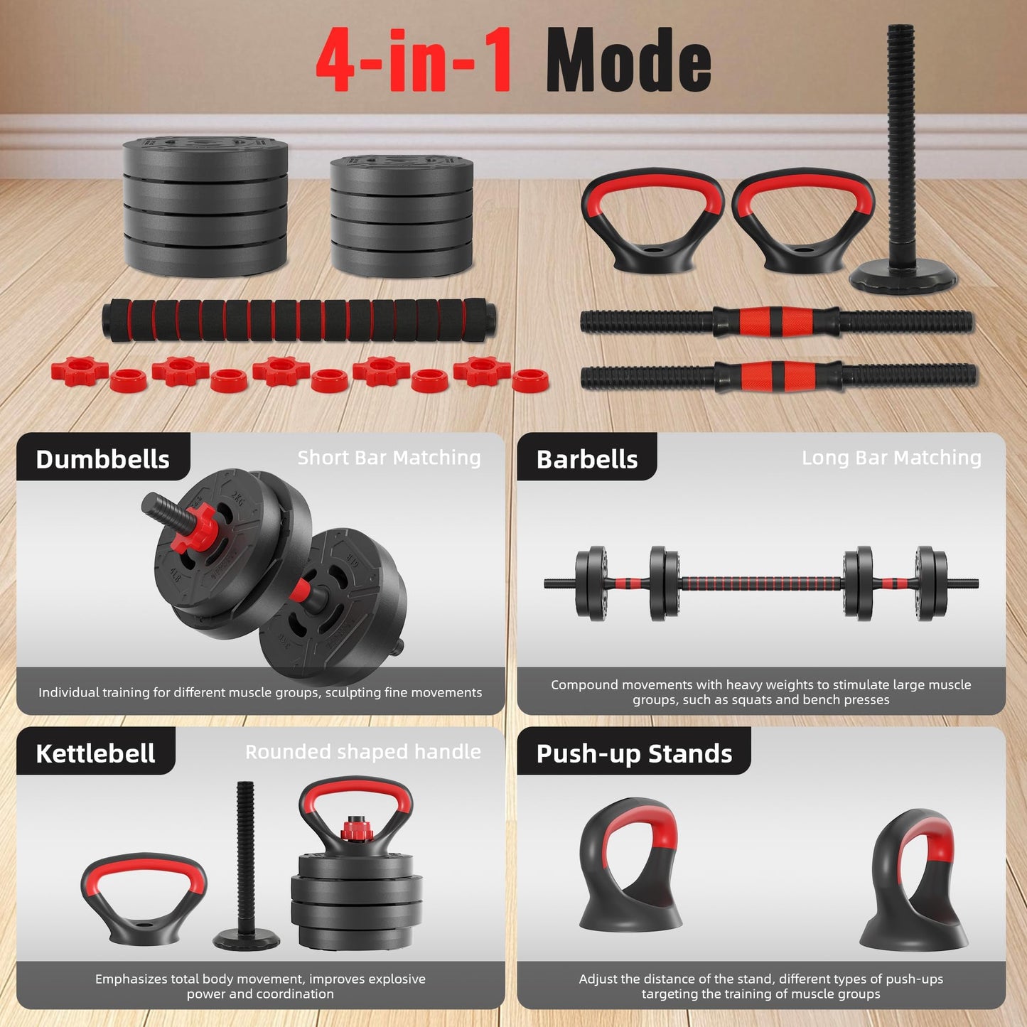 Fitvids Multi-Functional Changeable Dumbbell and Barbell Kettlebell Set with Adjustable Weights, 40LBS, 4 in 1