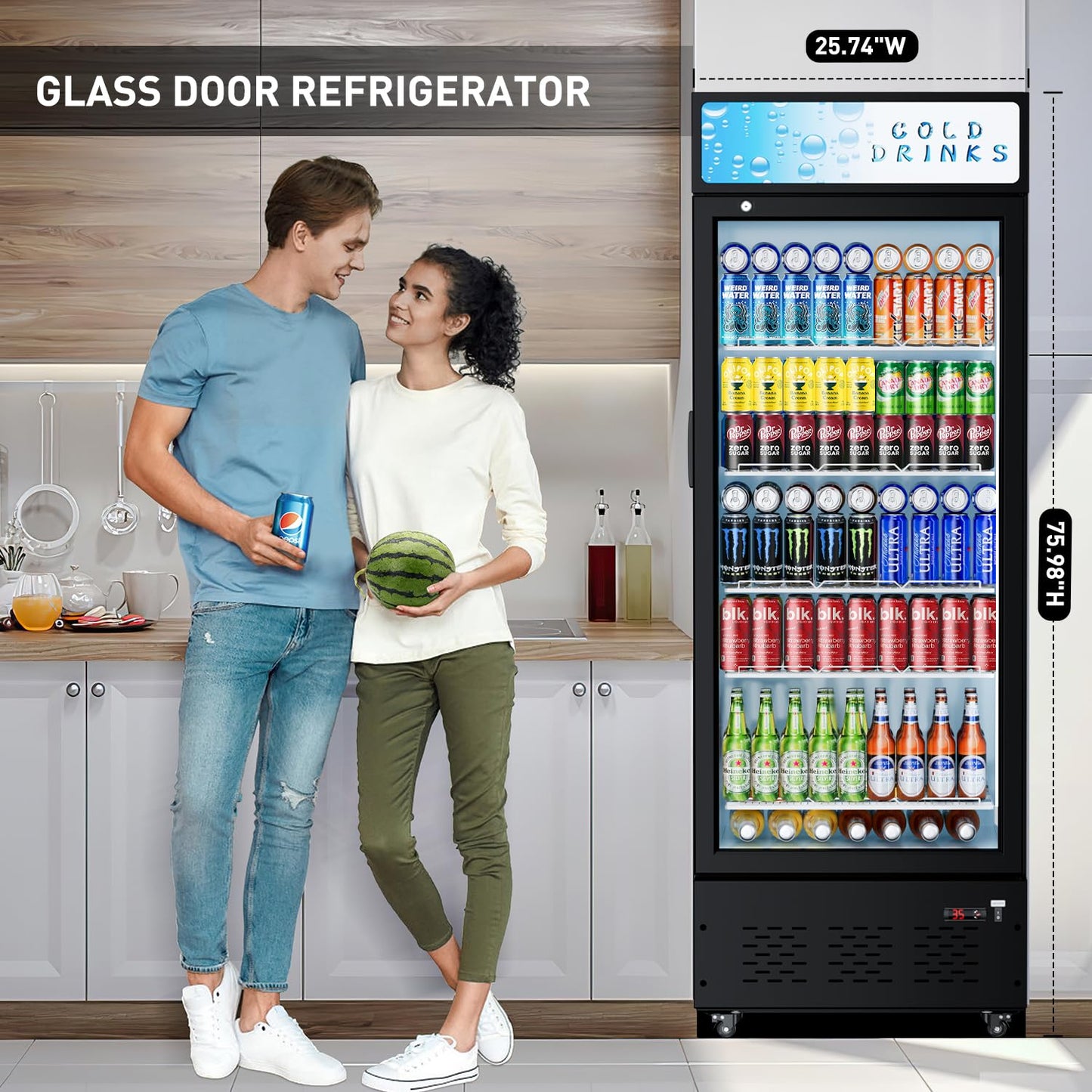 Ferueo Commercial Beverage Refrigerator, 15 Cu.ft.Display Fridge Glass Door Upright Display Door with Adjustable Shelves LED Light for Restaurant,Grocery Stores,Office