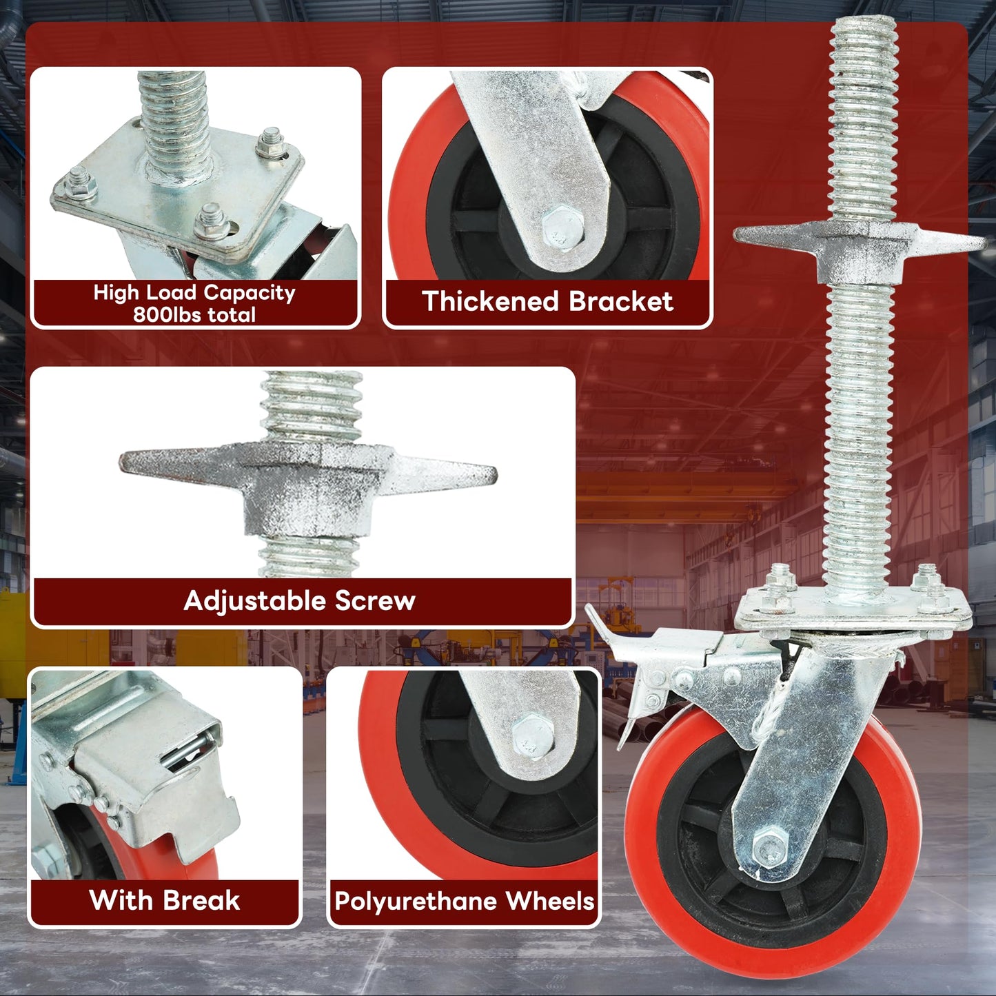 8 inch Scaffolding Caster Wheels with Brake 4 Pack 1-1/4" OD Scaffold Screw, 21" Hight Screw Adjustable Leveling Scaffolding Wheels