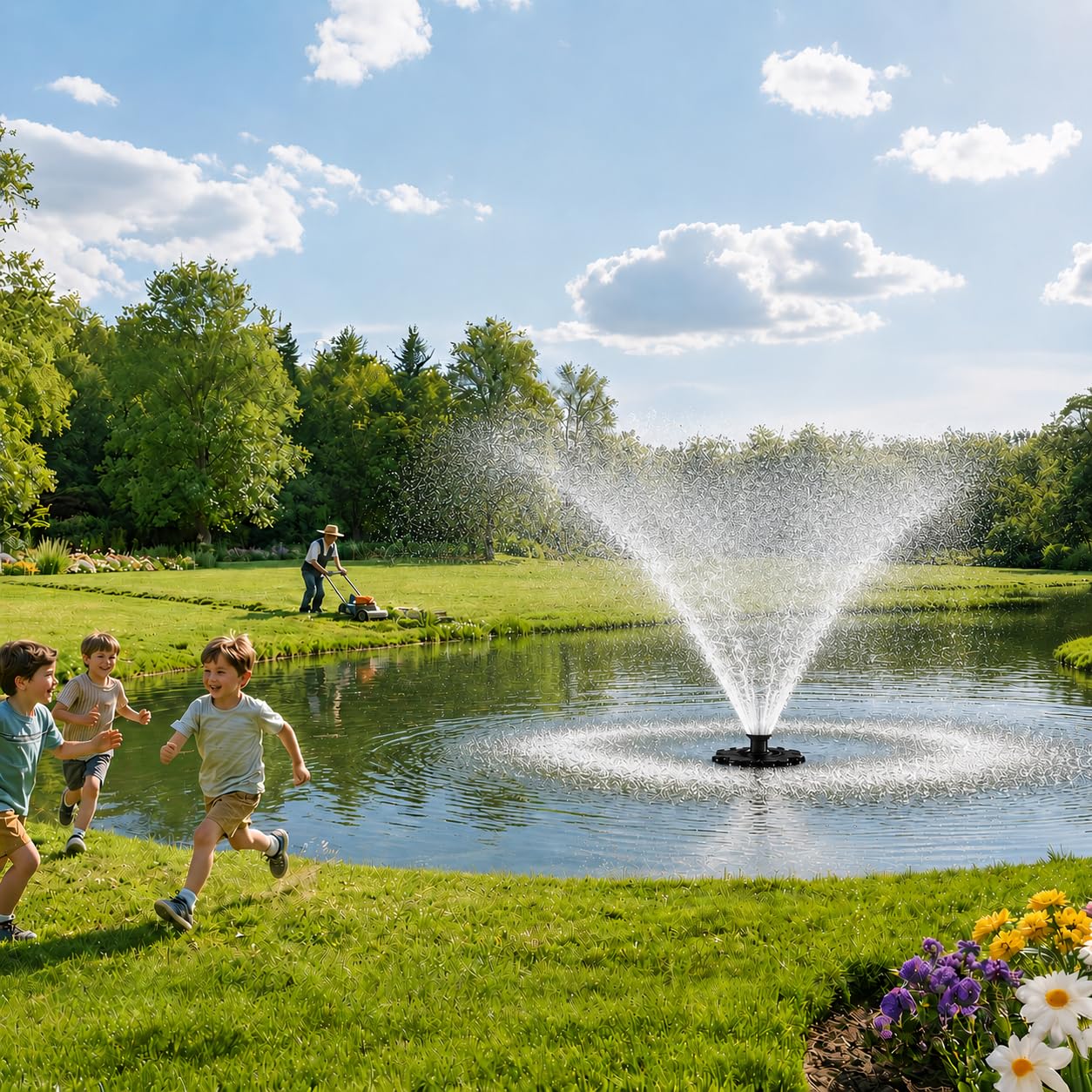Burnvale Pond Fountain Aerator, 1HP 110V 750W Floating Pond Fountain, With 100 FT Power Cord，Waterproof Timer，2x100 FT Traction Rope，Floating Water Fountains for Ponds