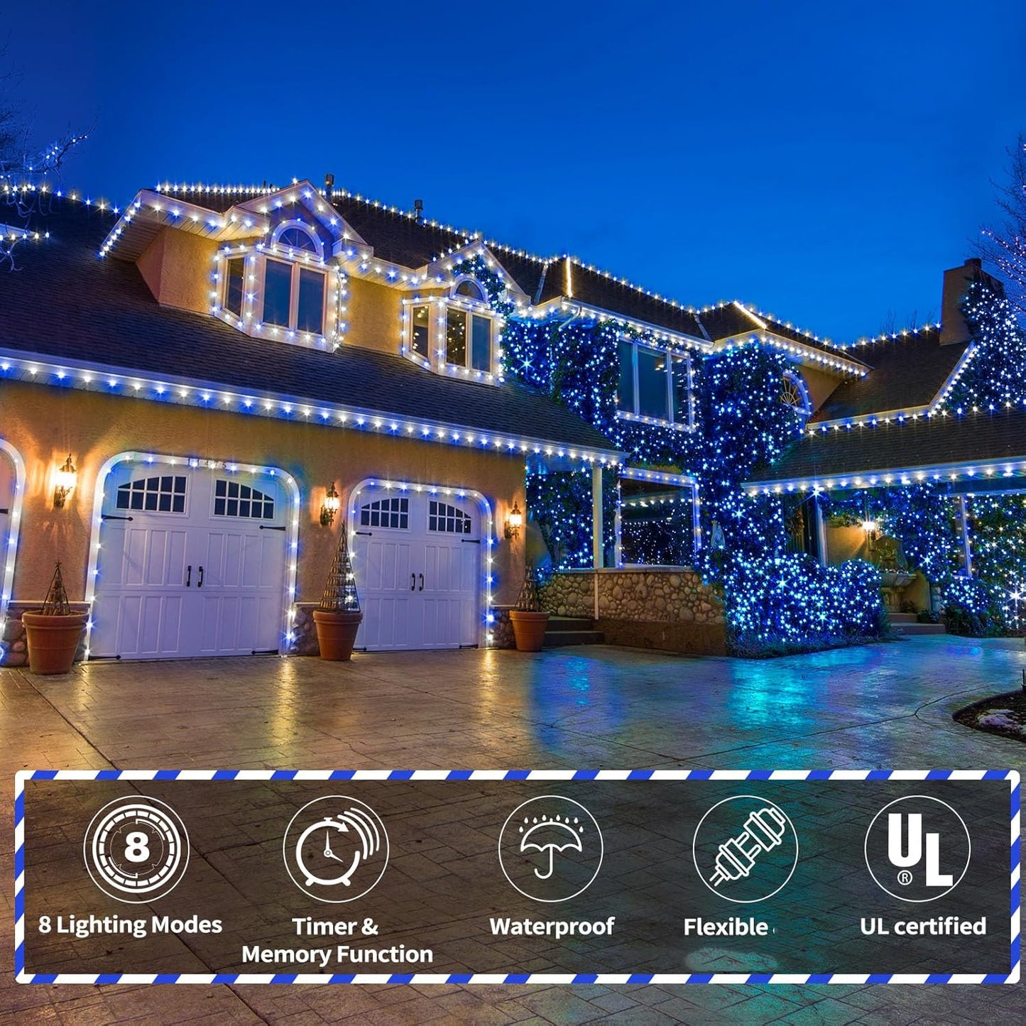 Skiennix 200ft LED Rope Lights - Waterproof Flexible Tube Lighting with 8 Modes | White & Blue for Outdoor Decor