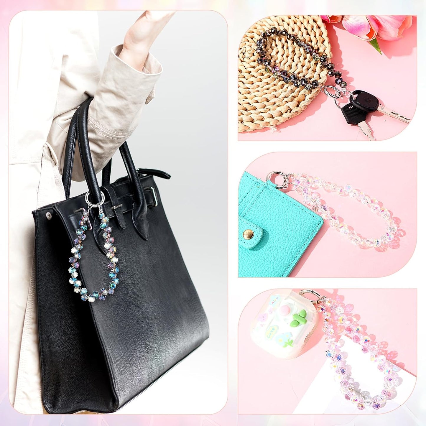 4 Pack Quelay Phone Wrist Strap Beaded Cell Phone Lanyards Wrist Charms Bling Cellphone Wristlet Bracelet Strap