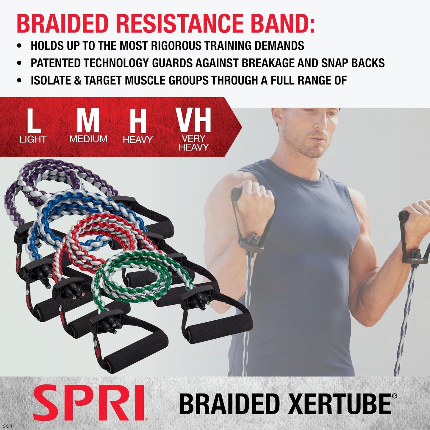 SPRI Braided Xertube Resistance Bands – Premium Exercise Band for Men & Women – Workout Equipment for Home Gym Fitness Training – Comfort Grip for Strength, Weights, and Resistance - Light