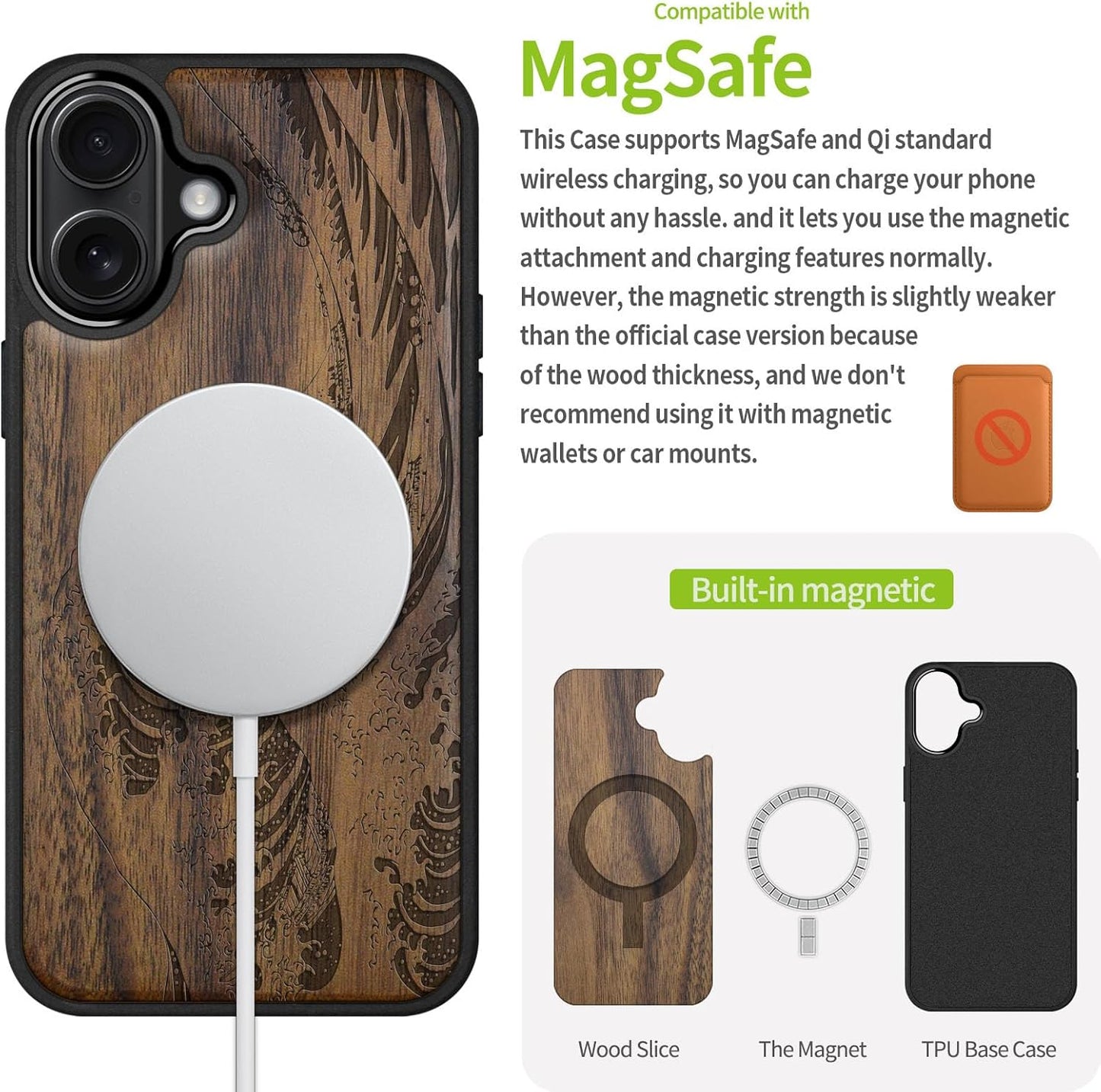 Carveit 16 Magnetic Wooden Case for iPhone Case, Wood Artisan Engraved & Black Soft TPU Shockproof Cover, Compatible