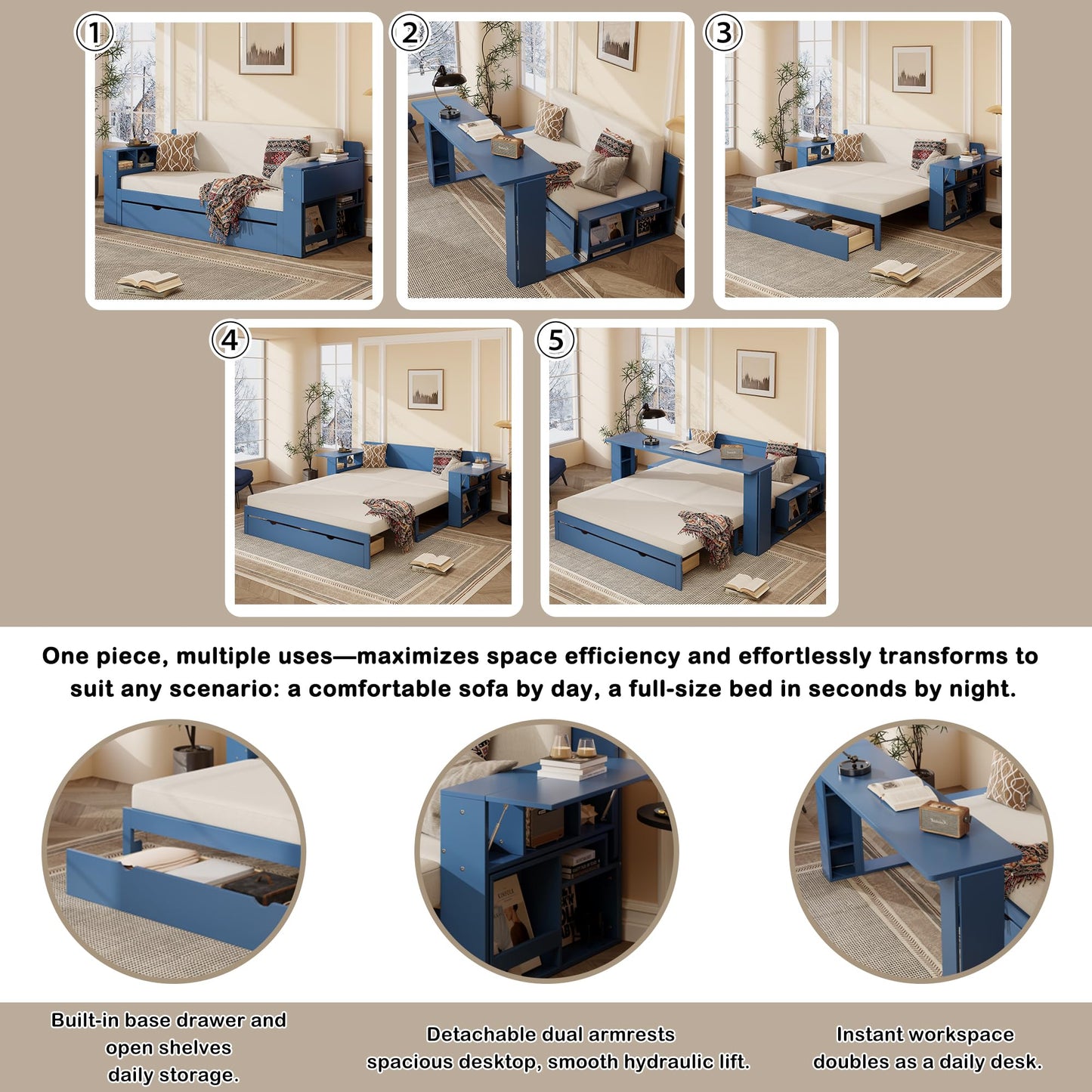 Merax Full Size Daybed with Removable Desk, Storage Drawers & Hydraulic Side Table, Blue