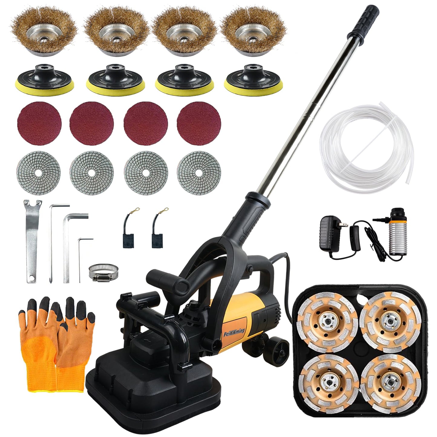 PeiXWming 4-Head Concrete Grinder Set with Long Handle, 4" Concrete Floor Grinder 3800W 0-6000RPM Concrete Surface Planer Dust Extraction Shroud Auxiliary Wheels for Grinding Concrete Cement Marble