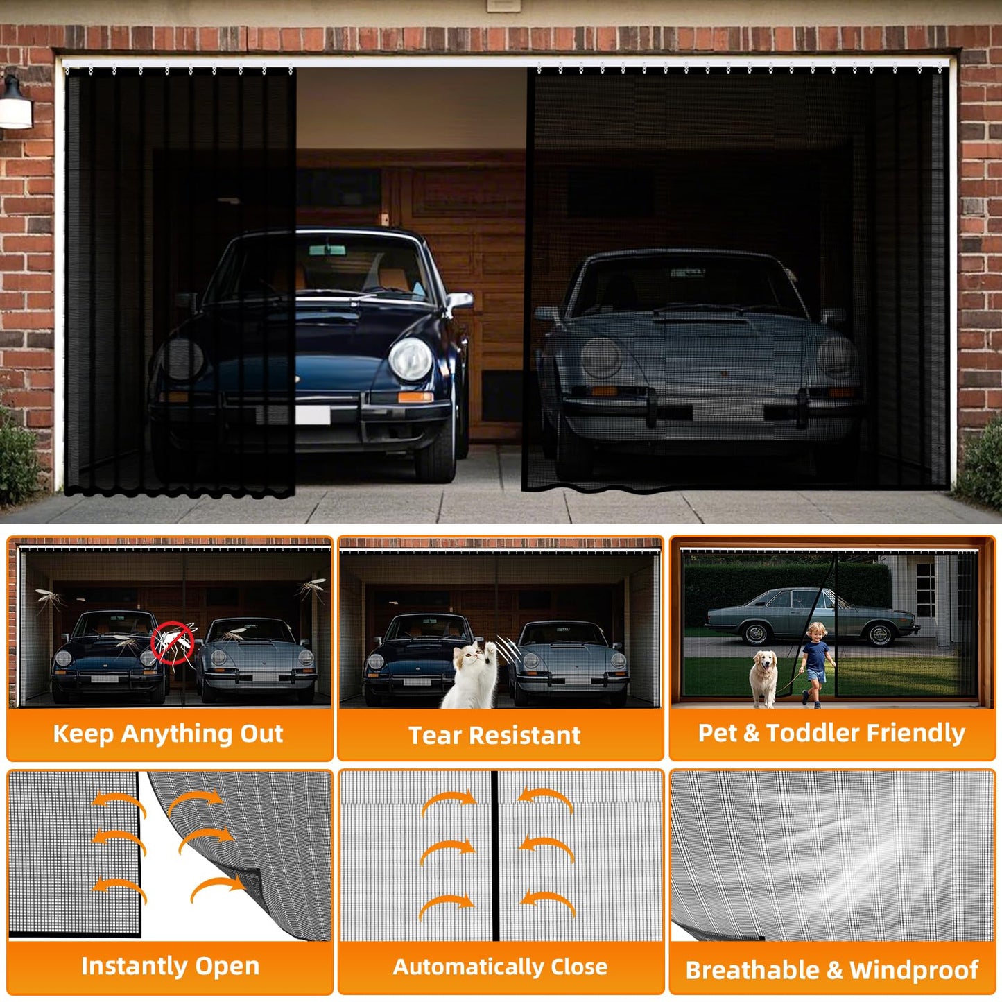 Sliding Garage Door Screen 2 Car 16x7Ft, Retractable Garage Screen Door with Track Closure, Heavy Duty Fiberglass Mesh Garage Net Screen, Keep Annoying Animals Out, Easy Assembly Privacy Protection