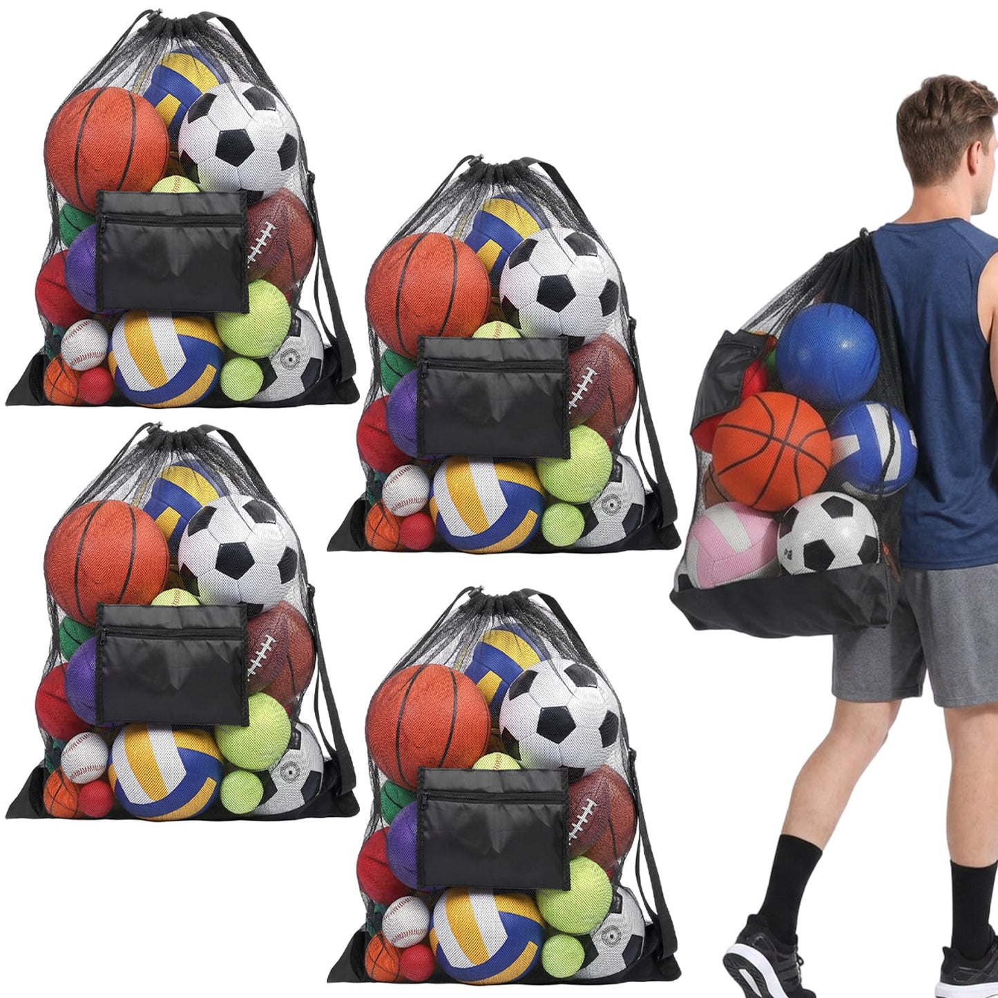 kuyeyzu 4 Pcs Extra Large Soccer Ball Bag 40" x 30" Heavy Duty Mesh Ball Bag with Pocket Drawstring Storage Sack for Basketball Volleyball Football Gym Equipment Coaches Black