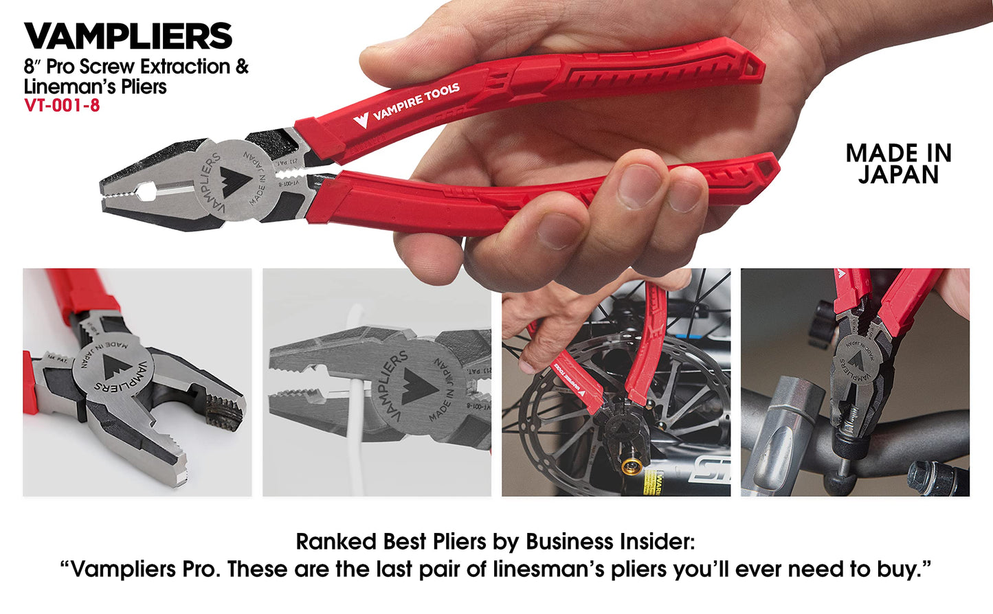 VAMPLIERS 3-PC Screw Extractor Pliers Set. Made in Japan: 8" Linesman, 7" Long Nose & 6.25" Combination Pliers. Stripped Screw Removal Tools with Unique Non-Slip Jaws & Wire Cutter.