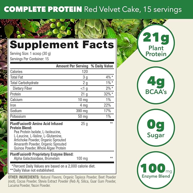 PlantFusion Complete Vegan Protein Powder - Plant Based Protein Powder With BCAAs, Digestive Enzymes and Pea Protein - Keto, Gluten Free, Soy Free, Non-Dairy, No Sugar, Non-GMO - Red Velvet 1 lb