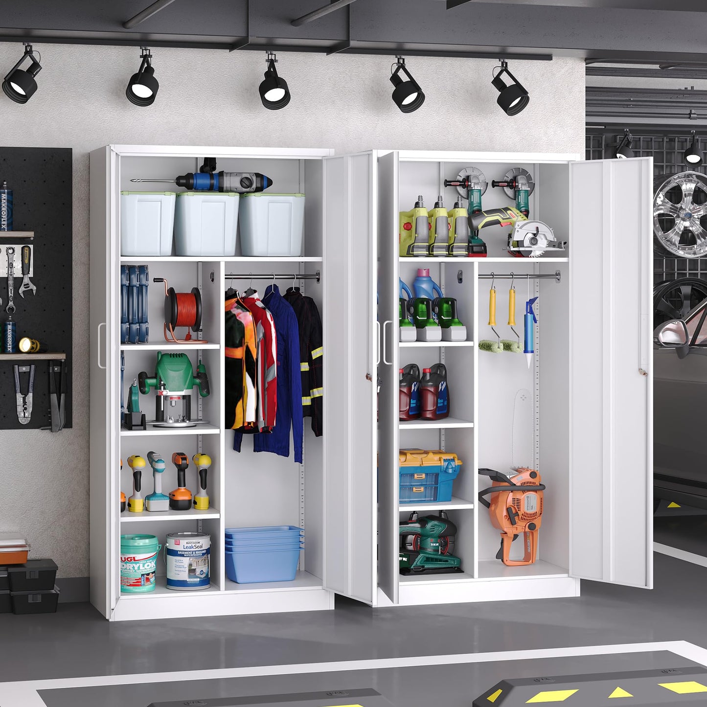 LISSIMO Broom Closet with Lock, Metal Storage Cabinet 36" Wide, 5-Tier Steel Utility Cabinet with Hanging Rod & Doors for Garage, Laundry Room, Warehouse Storage