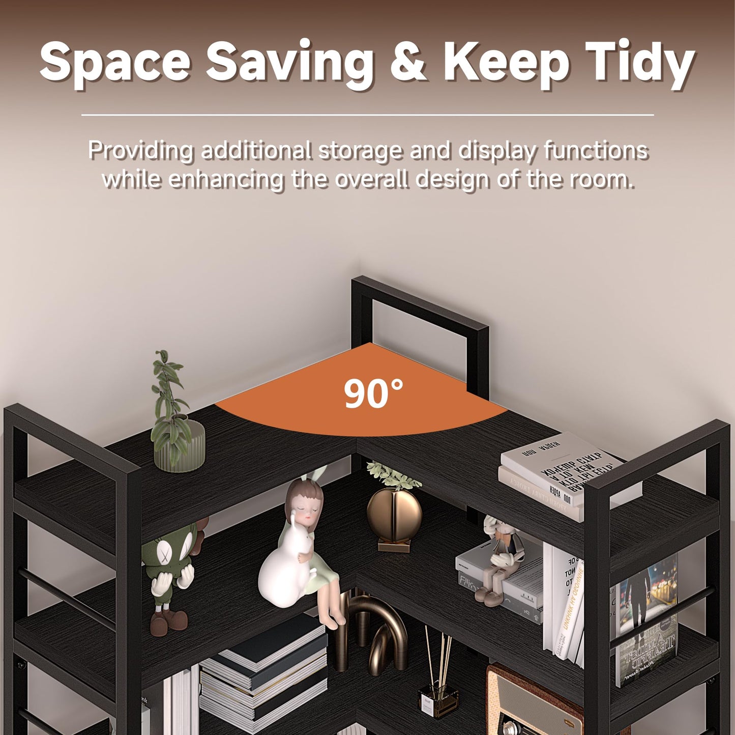 TEROL 7-Tier Corner Bookshelf, Reversible Wooden Shelves, Industrial Bookcase with Open Shelves and Sturdy Metal Frame, Display Shelf Storage Rack for Living Room, Bedroom, Home Office (Black)
