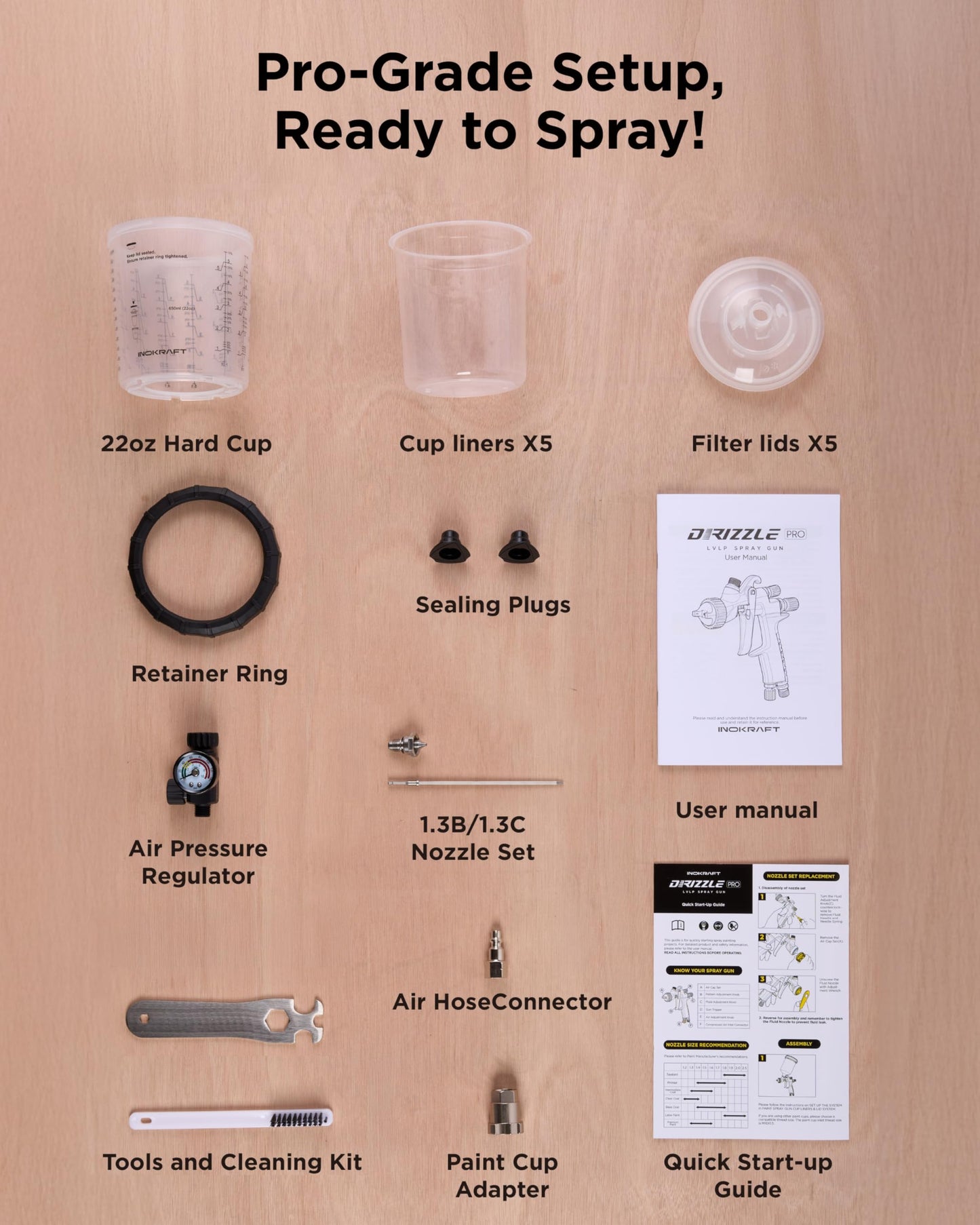 InoKraft Drizzle Pro LVLP Spray Gun, Precise Low-Overspray Performance with Ultra-Light 340g Design. Includes 1.3B/1.3C Nozzles and Accessories, Ideal for Automotive and Industrial Coatings