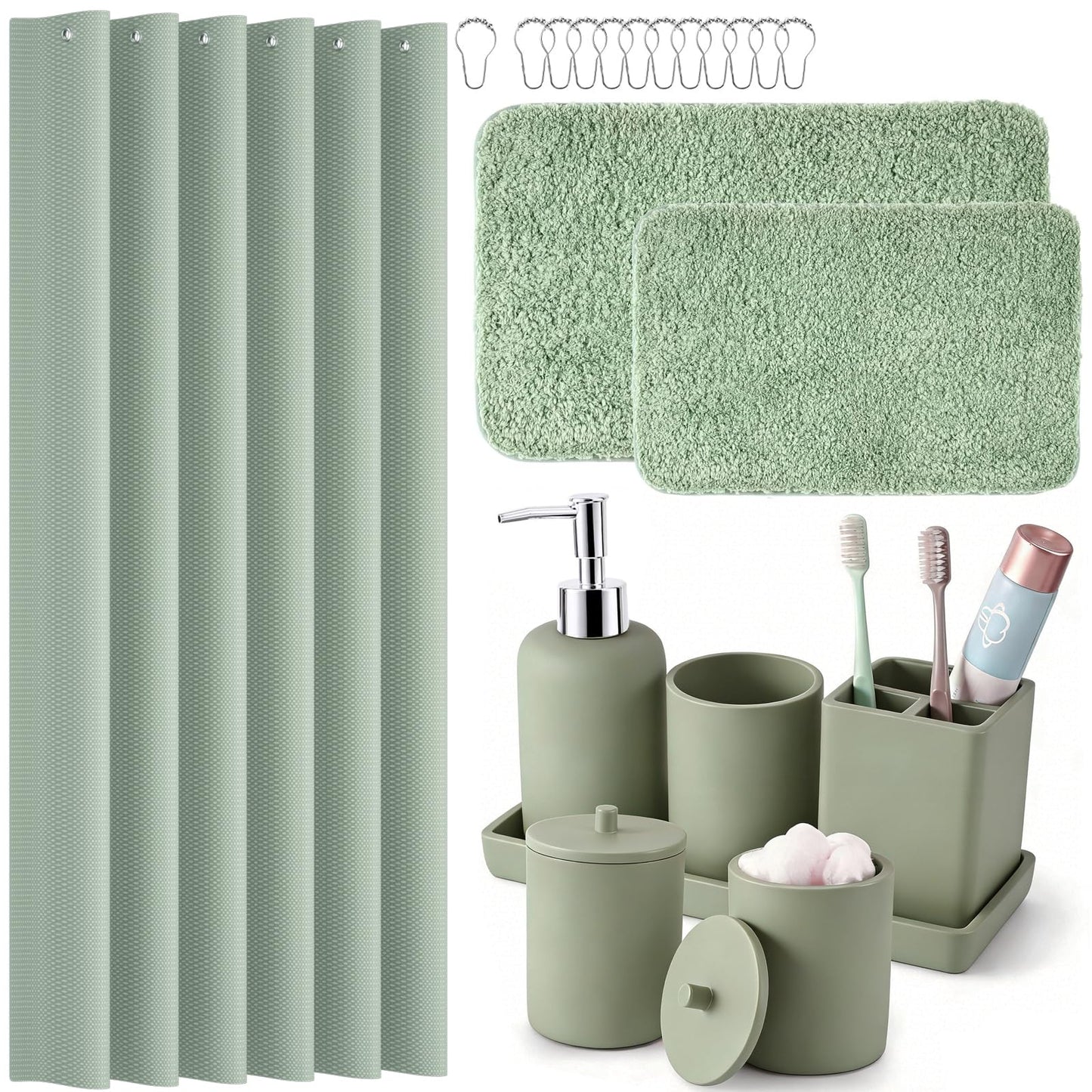Sage Green Bathroom Accessories Set with Shower Curtain and Mats, 21 Pcs Resin Toothbrush Holder Sets with Holder and Lotion Soap Dispenser,Bathroom Countertop Organizer Set for Home Apartment