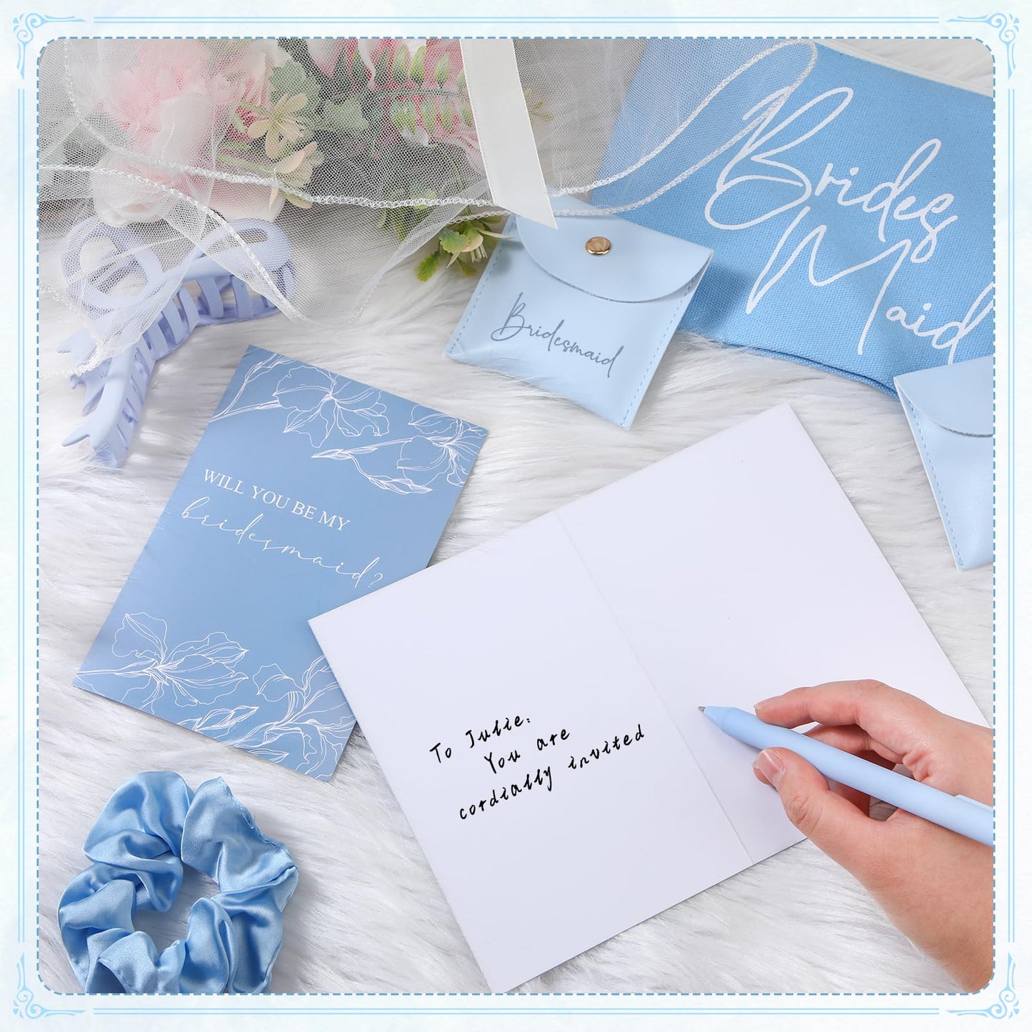 Didaey 42 Pcs 6 Sets Bridesmaid Proposal Gifts, Wedding Favors for Bridesmaids & Maid of Honor Ceramic Coffee Mugs Makeup Bags Invited Cards Scrunchies Bracelets Jewelry Bags Hair Clips(Blue)