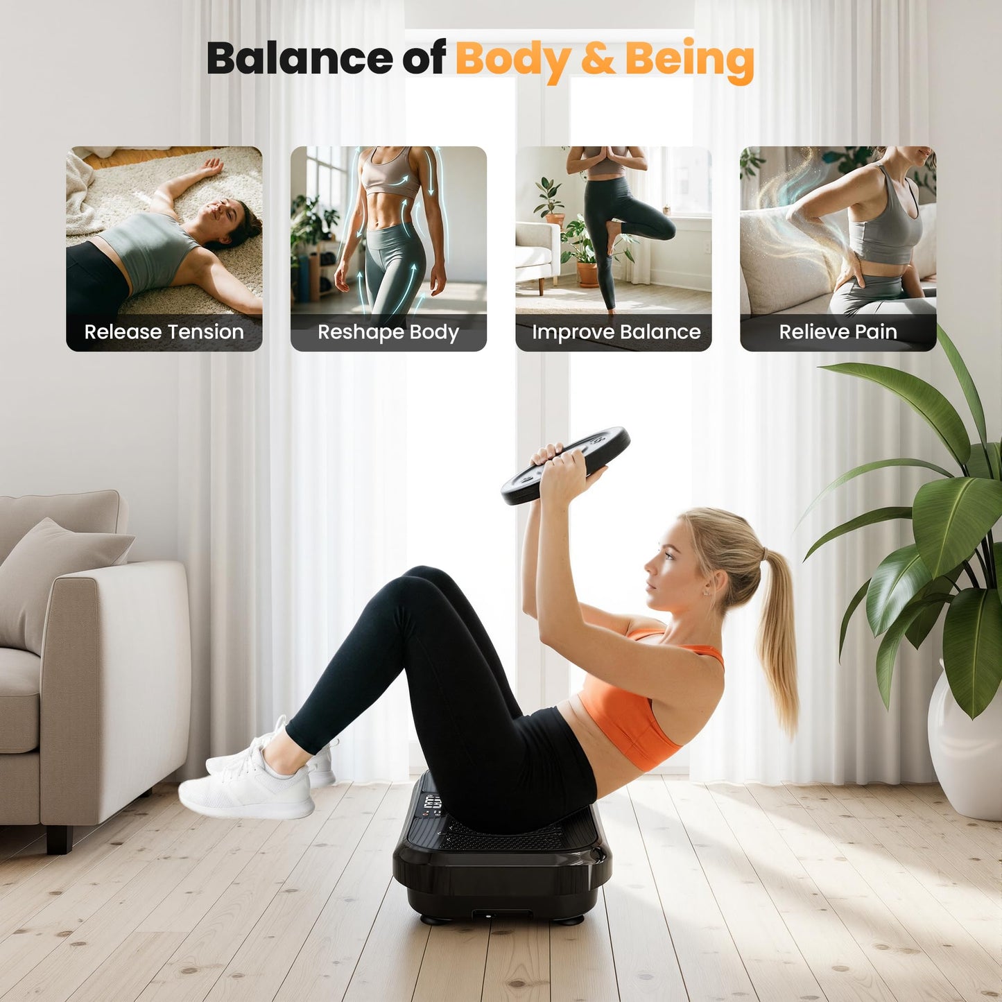 Steelite Vibration Plate Exercise Machine 450LBS Capacity, Full Body Workout Vibrating Plate for Lymphatic Drainage Weight Loss, 199 Levels Shake Platform with Resistance Bands for Women Men