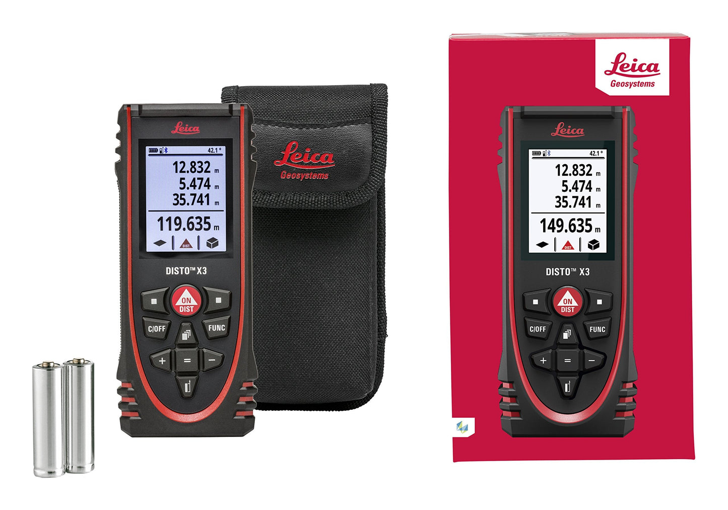 Leica Disto X3 - Range 500ft, Bluetooth, Smart Horizontal, Add/Subtract, Volume, IP67 Dust, Water, Shock Protection, Intelligent end-piece, Rotaing Display, Hand Loop, Pouch.