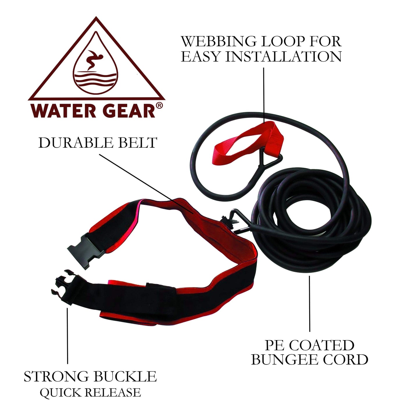 Water Gear Swim Training Leash Belt - Tether Stationary Swimming - Swimming Pool Resistance Exercise Trainer Equipment for Adult and Kids - 20 Meter Rubber Leash - Red Heavy Resist