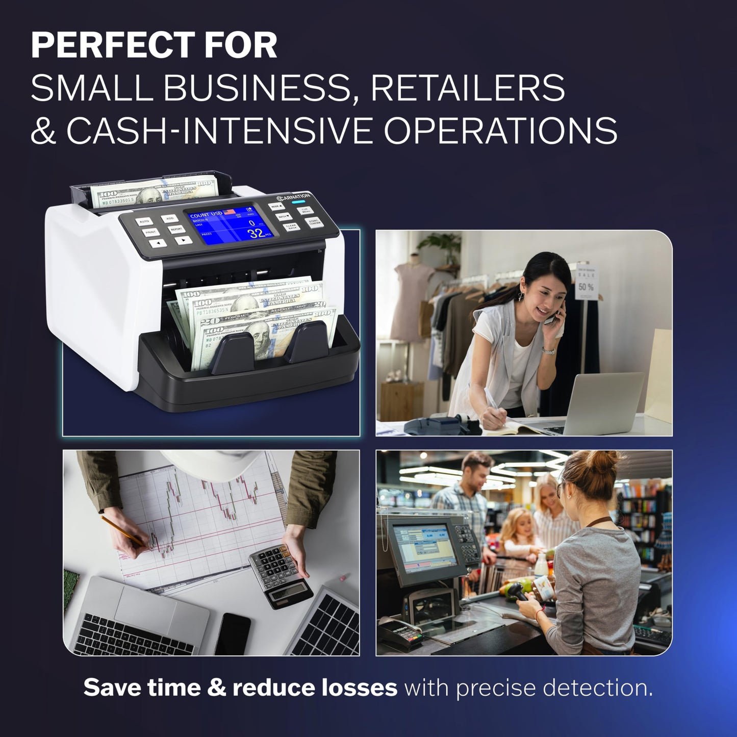 CARNATION Money Counter Machine – Cash Counting & Mixed Denomination Bill Counter, Portable Currency Detector, Counterfeit Bank Scanner, Dollar Sorter for Commercial, up to 1200 N/M, UV/MG/MT/IR/CIS