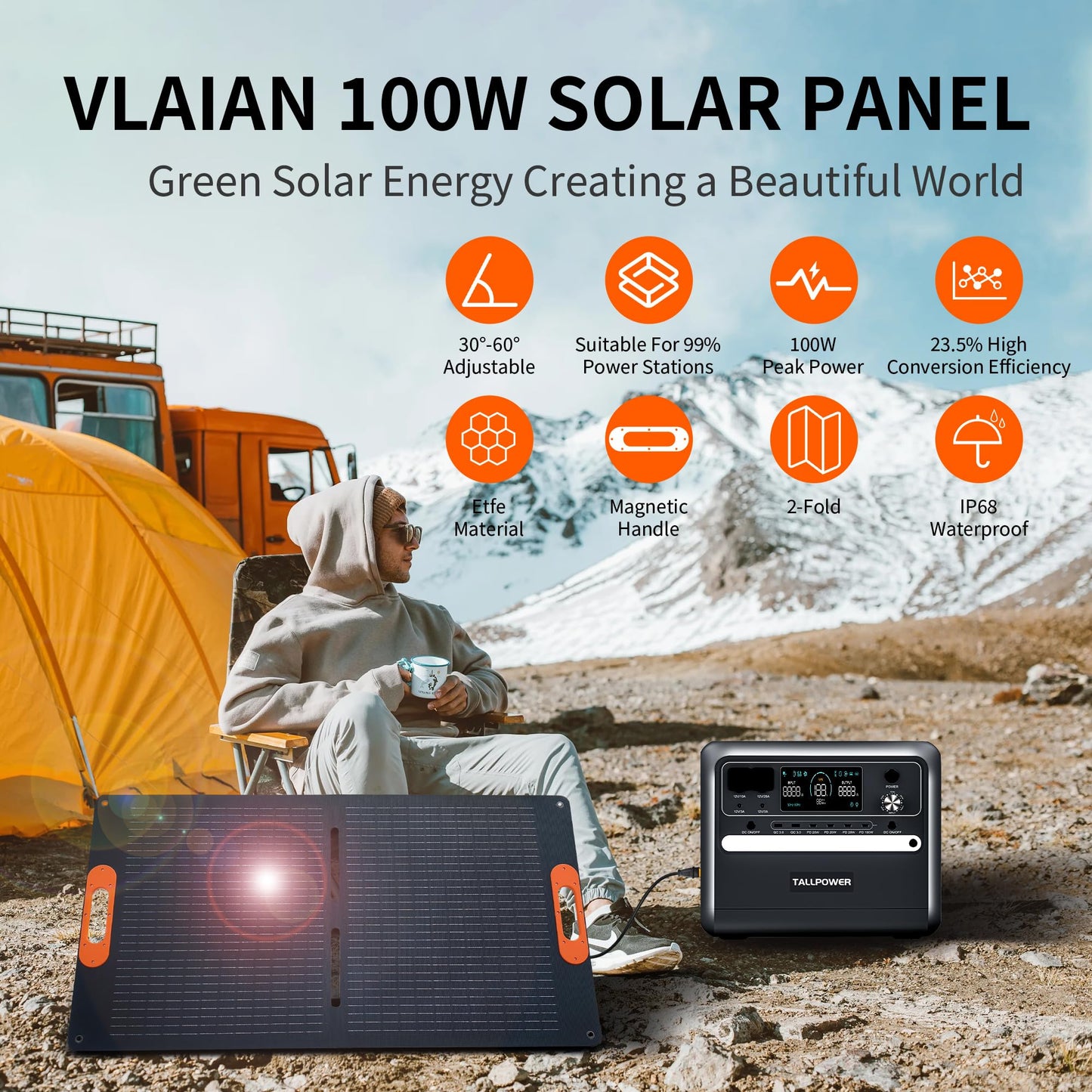 VLAIAN 100W Portable Solar Panel for Power Station Generator,100 Watt Foldable Solar Panel Charger with MC4 Output,3-in-1 DC Connector,23.5% High Efficiency for Outdoor Camping RV Travel(100W)