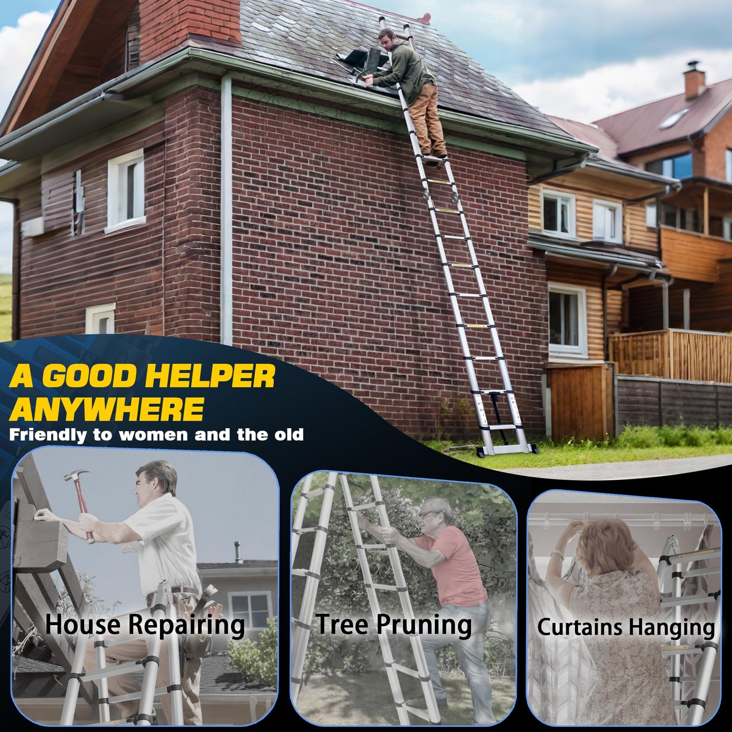 14.44 FT A Frame Telescoping Ladder Adjustable Multi-Purpose Collapsible Extension Ladder,Heavy Duty 330 lbs Max Capacity, Ideal for Home and Outdoor Work(2.2m+2.2m/14.44FT-A Frame)