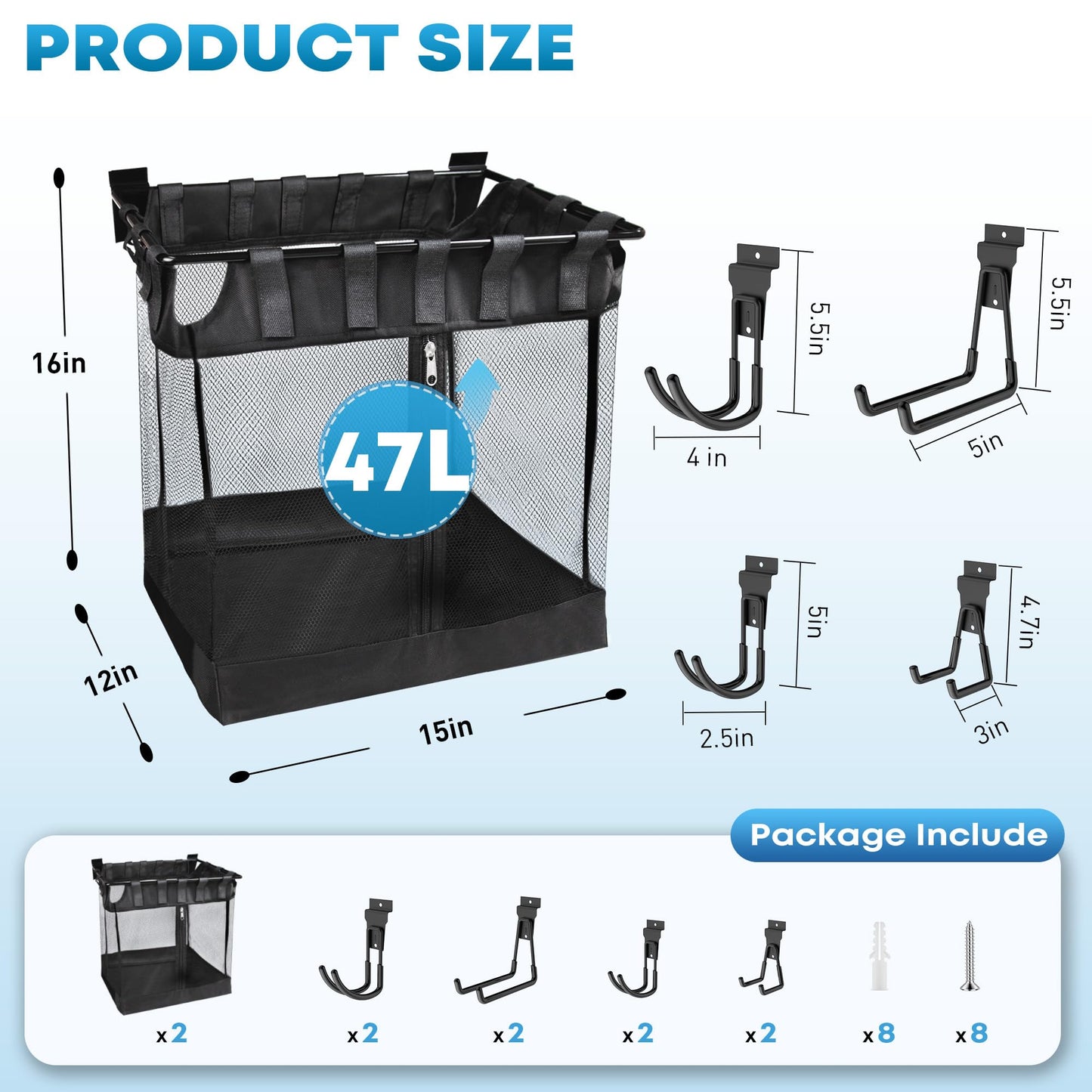 NUMAKY 10PCS Slatwall Accessories Kit, Includes 2 Large Mesh Slatwall Baskets with Zipper & 8 Heavy Duty Multifunctional Hooks, for Sports Equipment, Tools & Garage Organization