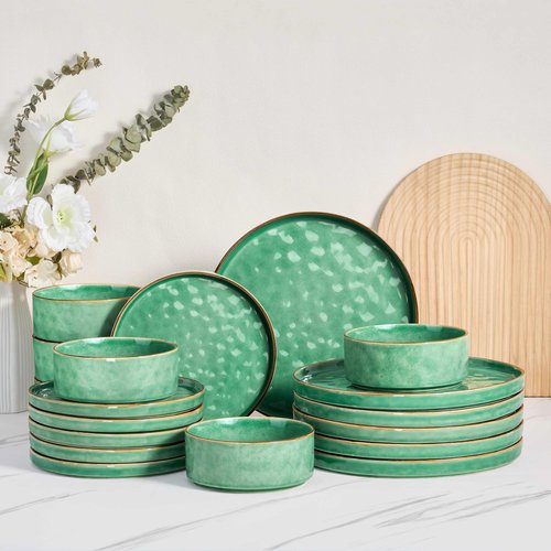 Herogo 18 Pieces Dinnerware Sets, Serving Plates and Bowls Sets for 6, Stoneware Dishes for Dinner, Salad, Cereal, Dishwasher & Microwave Safe, Gemstone Green