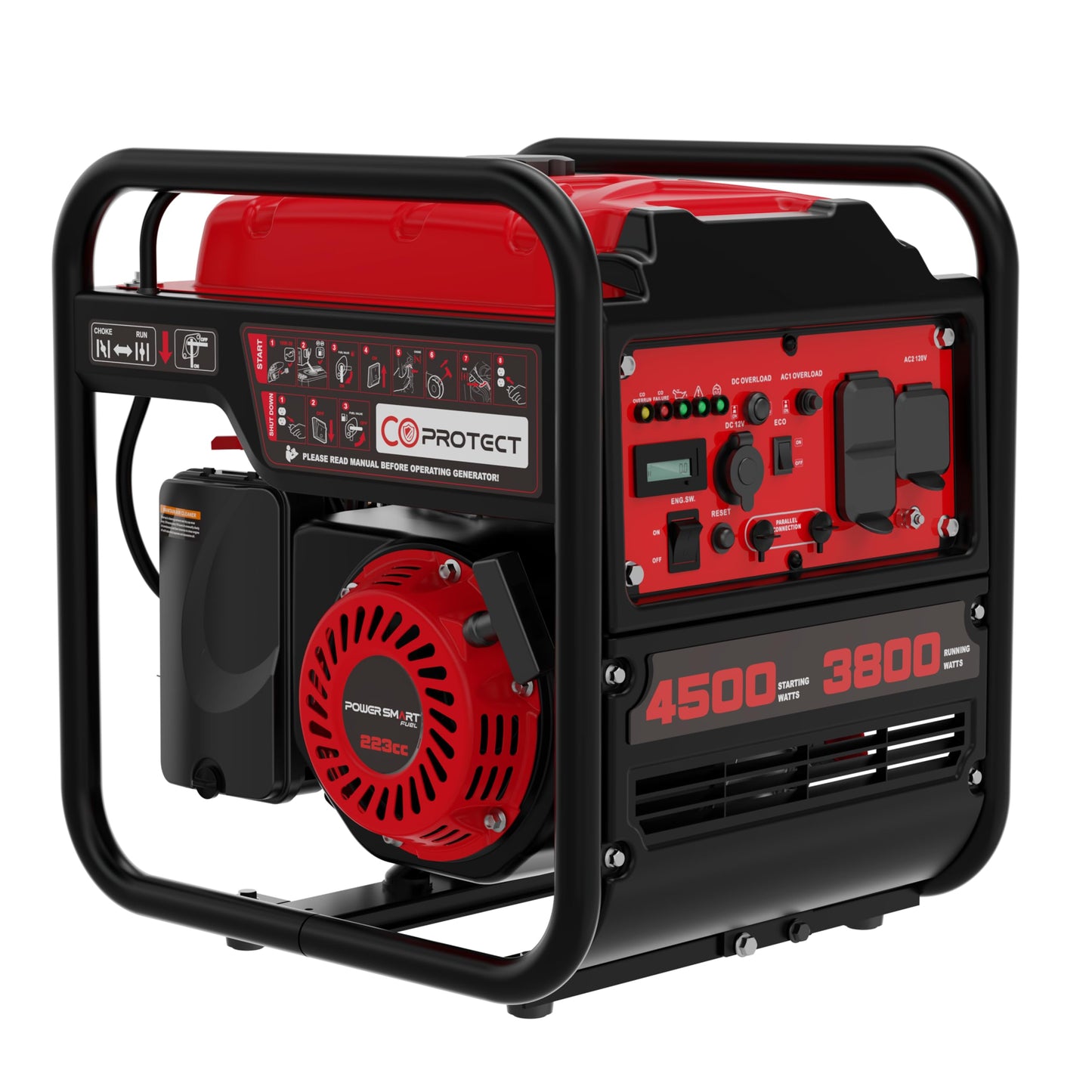 PowerSmart 4500W Portable Inverter Generator, 3800W Rated Super Quiet Gas Powered Engine with CO Alarm, Parallel Ready, 223cc, Clean Power for Sensitive Electronics, RV Ready & Emergency Home Backup