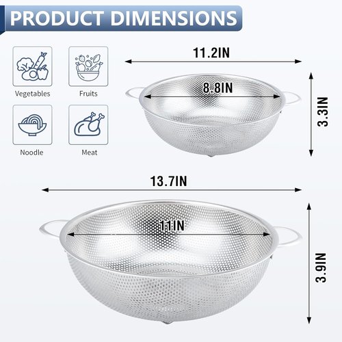 Gulex Stainless Steel Colander - 3-Quart Metal Strainer with Base | Dishwasher Safe Kitchen Essential