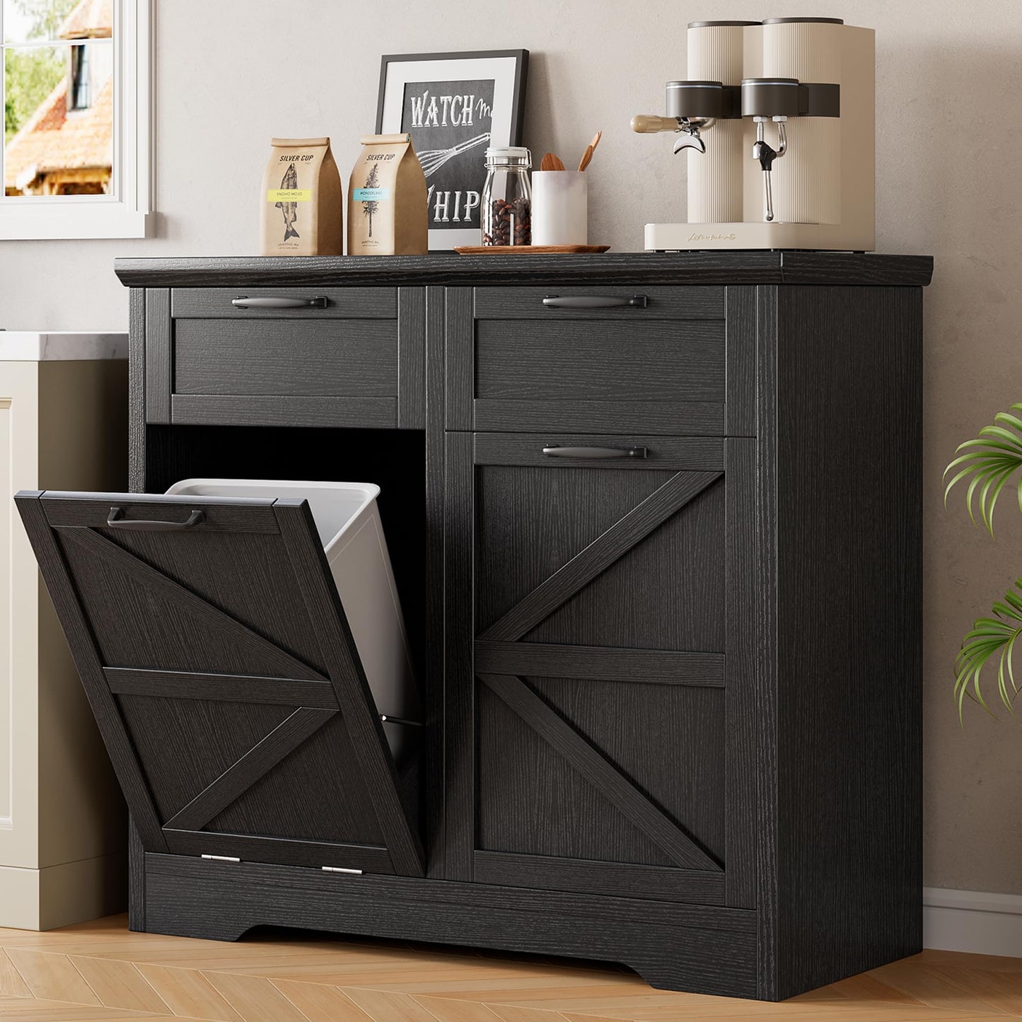 Jocoevol Double Trash Can Cabinet, 10 Gallon Hidden Tilt Out Trash Laundry Hamper Cabinet with Storage Drawers, Pet Proof Wood Garbage Can Cabinet for Kitchen, Home, Laundry, Black