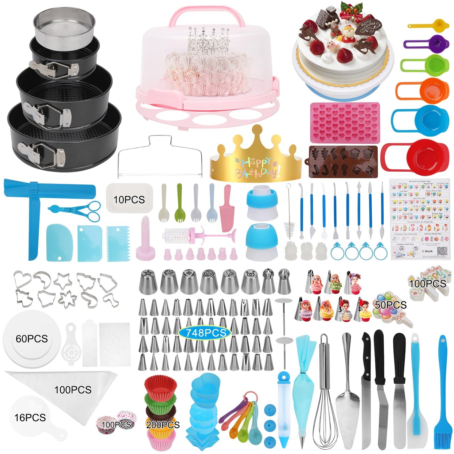 Cake Decorating Kit, 748 Pcs Cake Decorating Supplies with 3 Springform Pans Cake Carrier Turntable Cupcake Liners Cake Topper Piping Bags Tips for Beginner Professional Easter mom Gifts