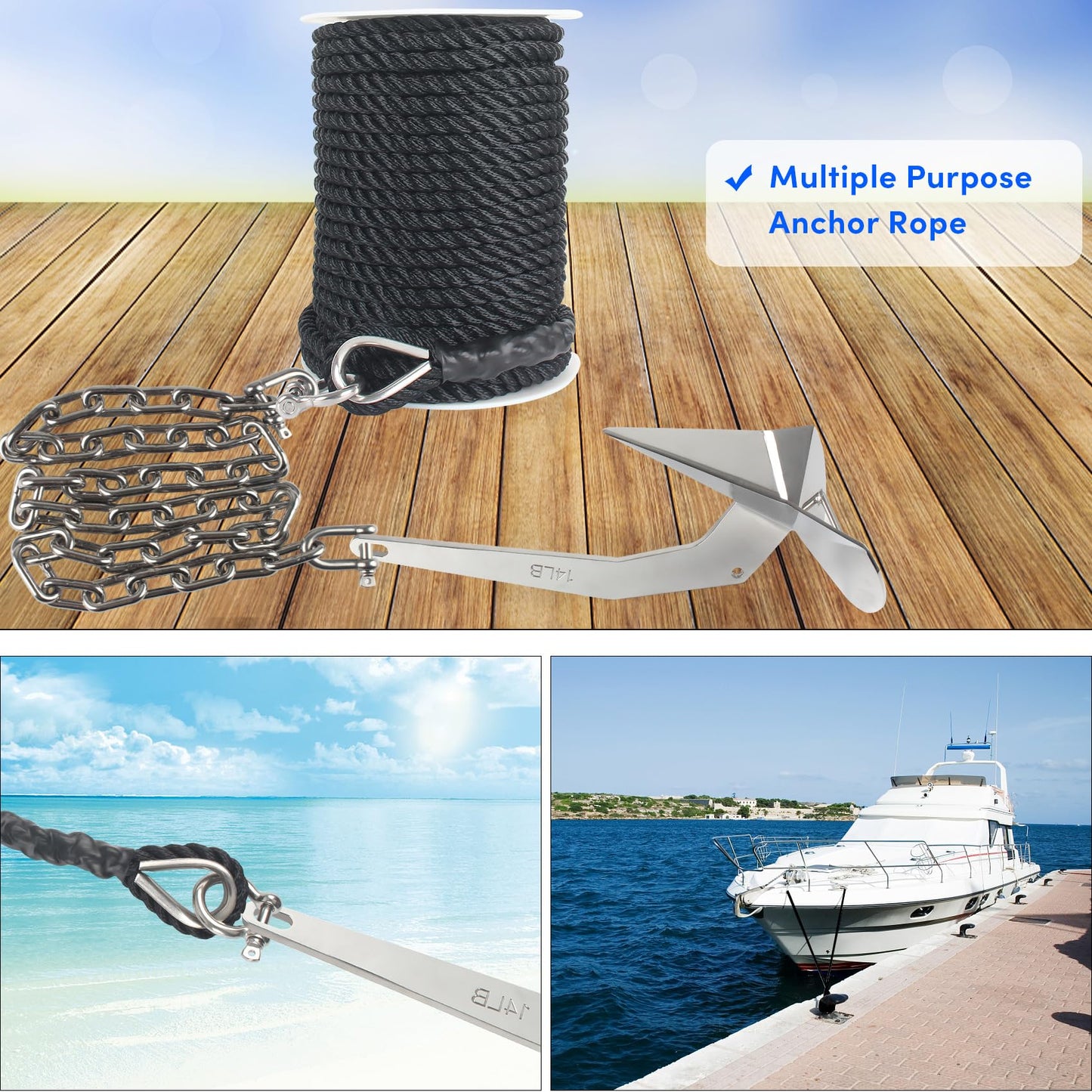 VEITHI Boat Anchor Rope 150 ft x 1/2 inch Black, 3 Strand Anchor Line Marine Rope with Stainless Steel Thimble & Shackle Ideal for Towing,Docking,Boats,Mooring,Anchoring,for Boats Up to 35'
