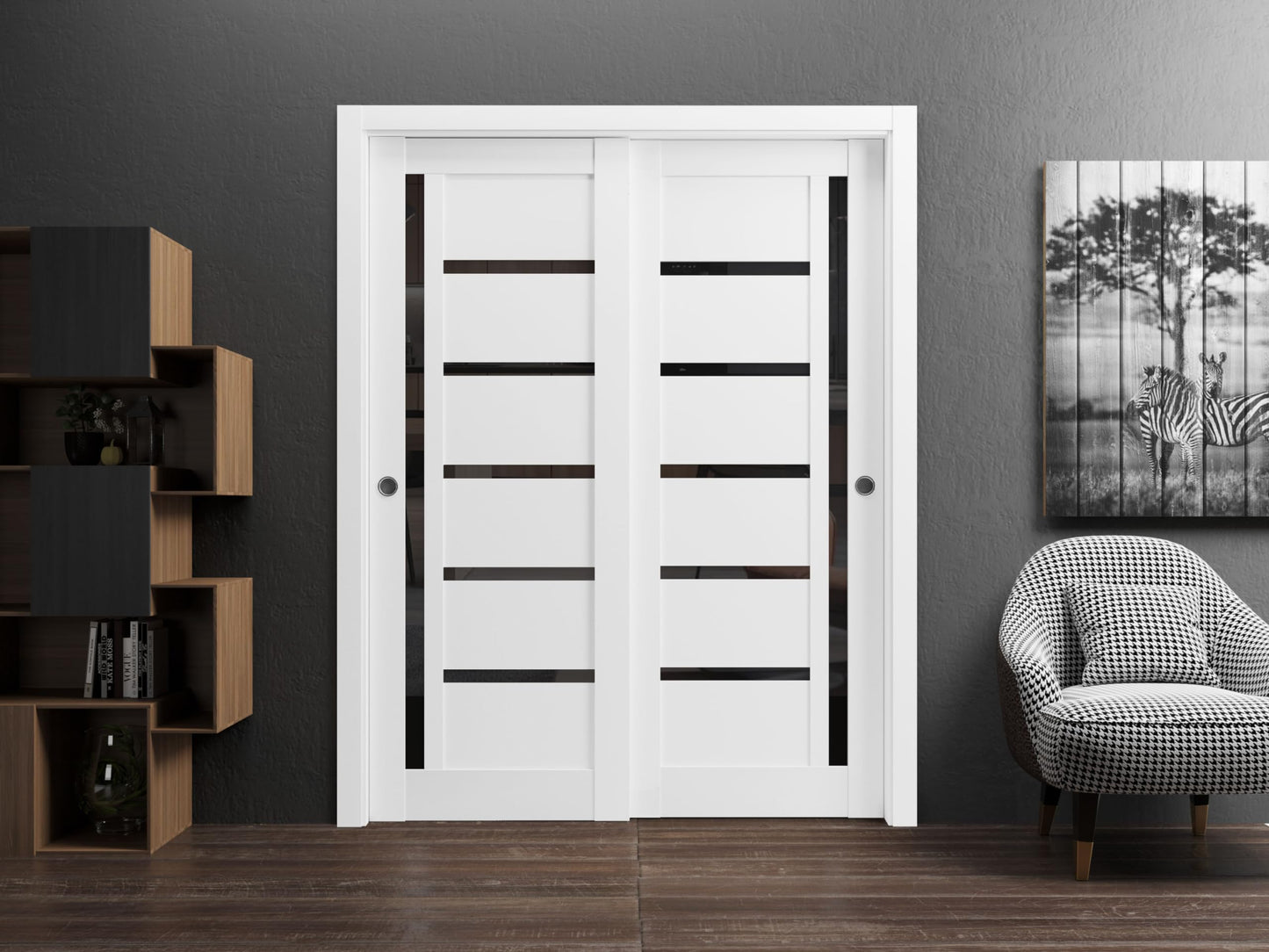 SARTODOORS Slab Barn Door Panel | Quadro 4588 White Silk with Black Glass | Sturdy Finished Doors | Pocket Closet Sliding-24 x 84"-Black Glass