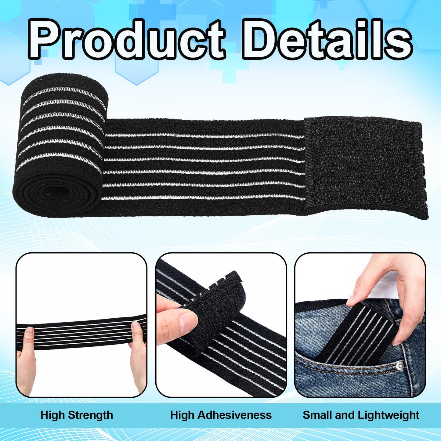 Geiserailie Ice Pack Strap Stretchable, 4 Size Elastic Reusable Ice Belt Extender, Adjustable Hook and Loop Extension Straps Add Length to Most Hot Cold Therapy(8 Pcs,Black)